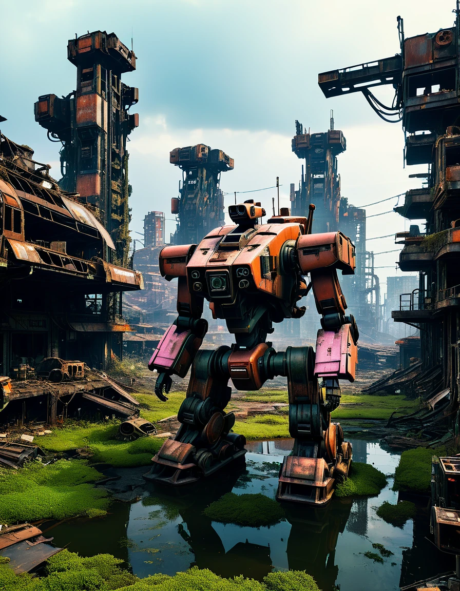 (full-body shot) , In a ruined city covered with vegetation,((1 Abandoned mechas, killer robots in the post-apocalyptic wasteland,Covered in rust and covered with moss, it stands alone in the middle of a pond filled with oil.:1.8))。Ruined city restored after nuclear blast,The outlines of the oppressive buildings in the background are clearly visible。((The mecha was severely damaged, with oil stains and scratches covering its surface.Its metal casing is rusty and its wires are exposed)),Reminiscent of its glorious past。However,Now it's just an abandoned shell,Abandoned in this post-apocalyptic landscape。Photos in a super minimalist style,the abandoned city is rendered in soft orange-pink tones,Creates a super warm atmosphere。Film grain and root effects add a sense of texture and nostalgia to the image。The lens is dimmed,Pastel colors and crazy details create a hyper-detailed post-apocalyptic atmosphere。This feeling is further enhanced by the oppressive buildings in the background and the distant twilight scene。This ultra-professional landscape photo is a stunning portrayal of an abandoned city and derelict mechas,it tells a story about war、A story of destruction and the passage of time,(global illumination, Ray tracing, high dynamic range, Unreal rendering, Reasonable design, high detail, masterpiece, best quality, ultra high definition, light),3d style