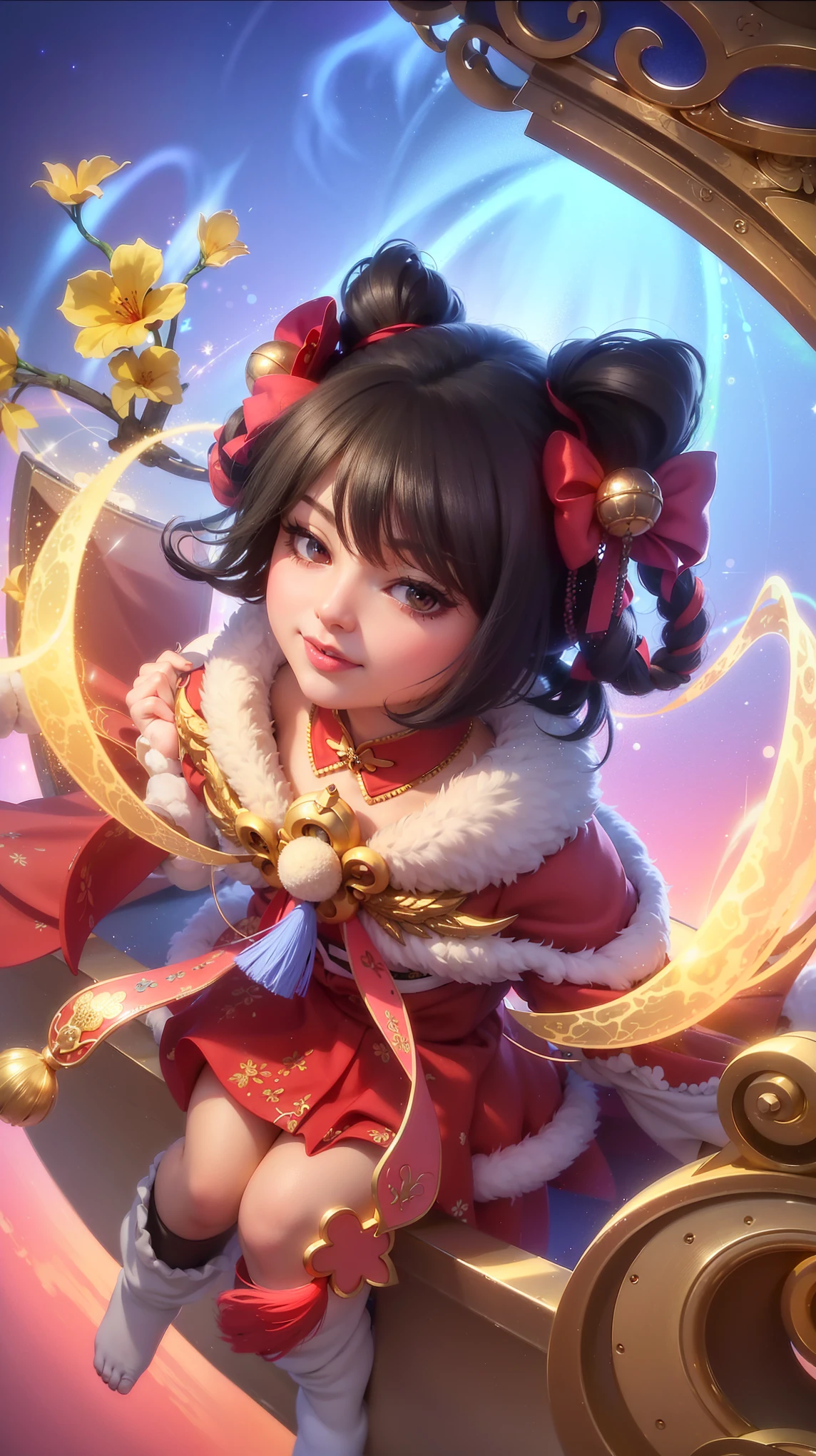 (8k, RAW photo, photorealistic:1.25) ,( lipgloss, eyelashes, gloss-face, glossy skin, best quality, ultra highres, depth of field, chromatic aberration, caustics, Broad lighting, natural shading, looking at viewer with a serene and goddess-like happiness, change from mobile legend game, black hair, red eyes, red ribbon, red kimono outfit, dynamic pose, outer space, relisem, 4k, hd, 1080p, smile.