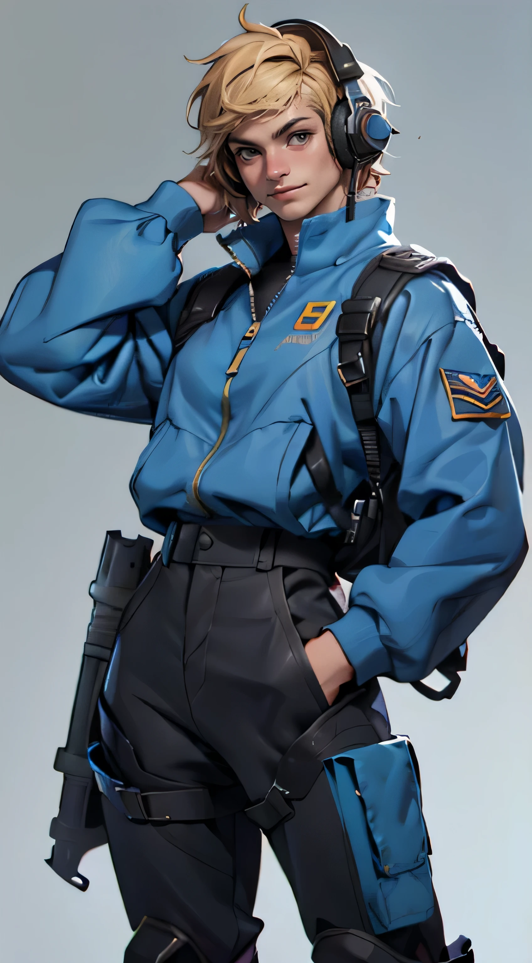 11:23(((best quality: 1.4))),(Unparalleled masterpiece), (Ultra high quality),(Hyper-realistic 8K CG)、(smiley face),(Headset devices),(light color short hair),(greet),(one hand raised to gesture),(Tech mech), ((( Body))), (((ung woman))), 25-year-old American soldier with perfect Body,,Beautiful and well groomed face,muscular Body:1.2, (Pictures from head to thighs), Complex equipment, Tachibana,trousers,The clothes are dark,Clothes with armored metal electronic parts