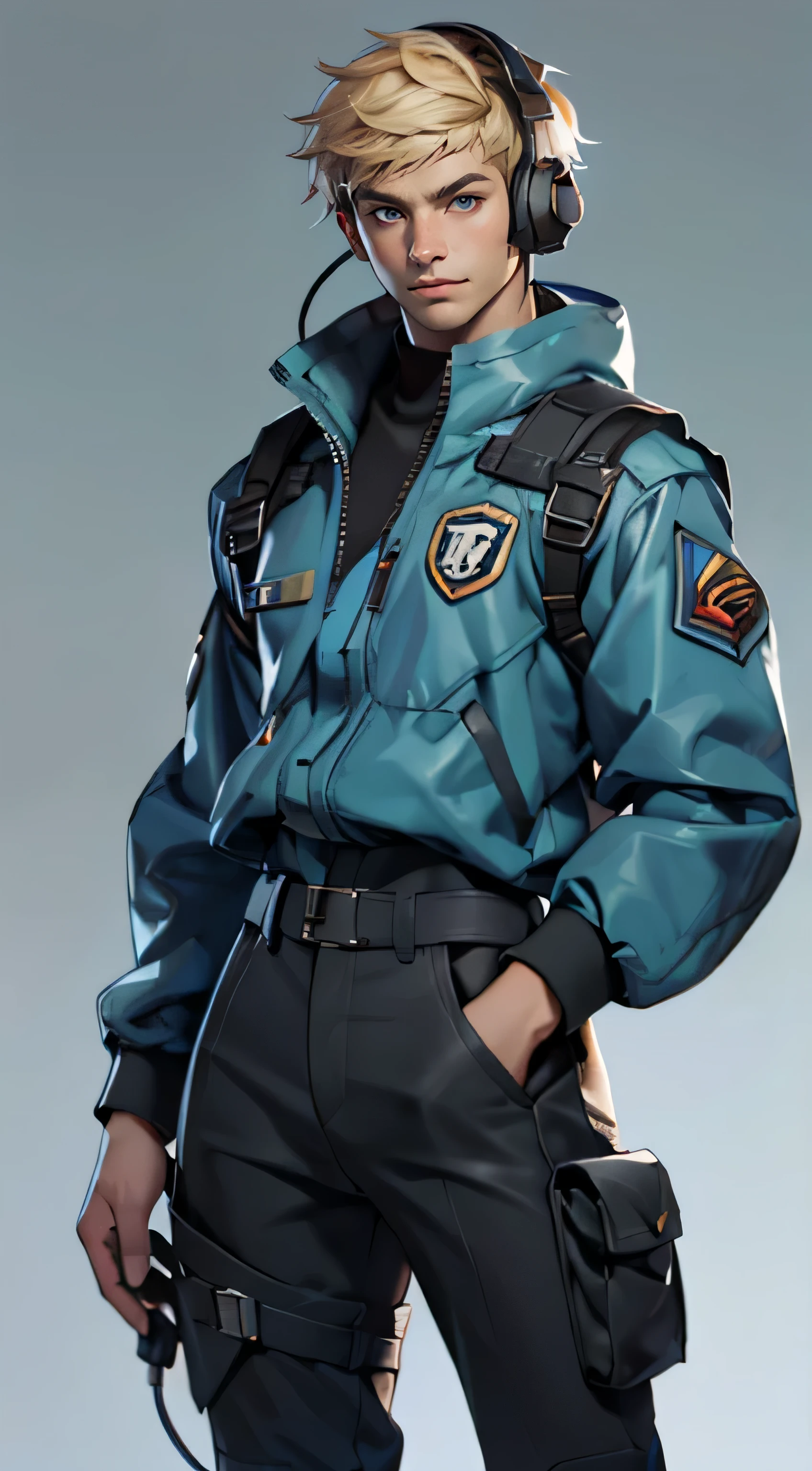 11:23(((best quality: 1.4))),(Unparalleled masterpiece), (Ultra high quality),(Hyper-realistic 8K CG)、（smiley face），（Headset devices），（light color short hair），（greet），（one hand raised to gesture），（Tech mech）， ((( Body))), (((1 young woman))), 25-year-old American soldier with perfect Body,,Beautiful and well groomed face,muscular Body:1.2, (Pictures from head to thighs)， Complex equipment, Tachibana，trousers，The clothes are dark，Clothes with armored metal electronic parts
