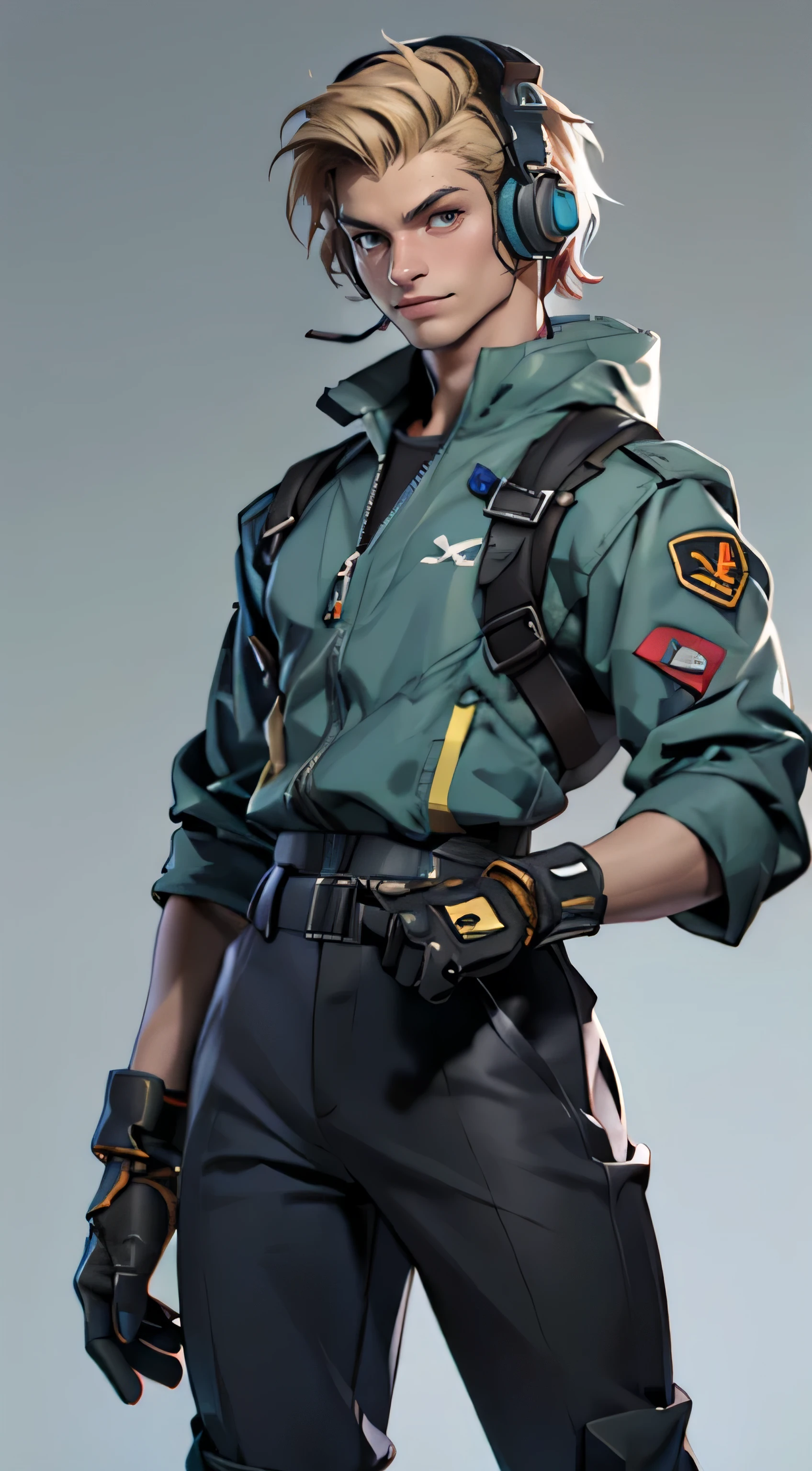 11:23(((best quality: 1.4))),(Unparalleled masterpiece), (Ultra high quality),(Hyper-realistic 8K CG)、(smiley face),(Headset devices),(light color short hair),(greet),(one hand raised to gesture),(Tech mech), ((( Body))), (((1 young woman))), 25-year-old American soldier with perfect Body,,Beautiful and well groomed face,muscular Body:1.2, (Pictures from head to thighs), Complex equipment, Tachibana,trousers,The clothes are dark,Clothes with armored metal electronic parts