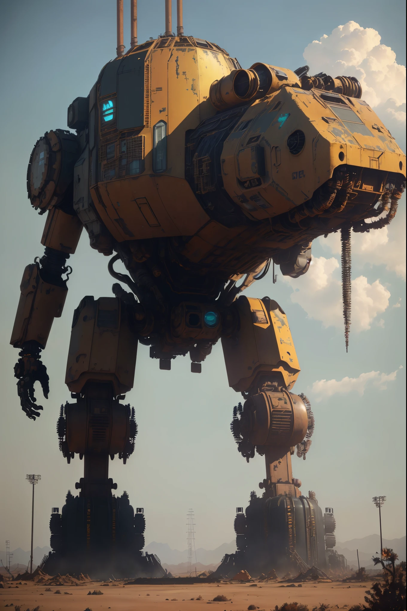  This photograph showcases a discarded mech, its old metal surface and rusty parts telling a story of neglect. Dim light filters through the gaps of the dilapidated mech, illuminating the scene. The mech's tires are flattened and deflated, leaving it stranded in a desolate background amidst the ruins of an abandoned factory. The scene is set in a post-apocalyptic world, filled with sci-fi elements that evoke a sense of doom and gloom.