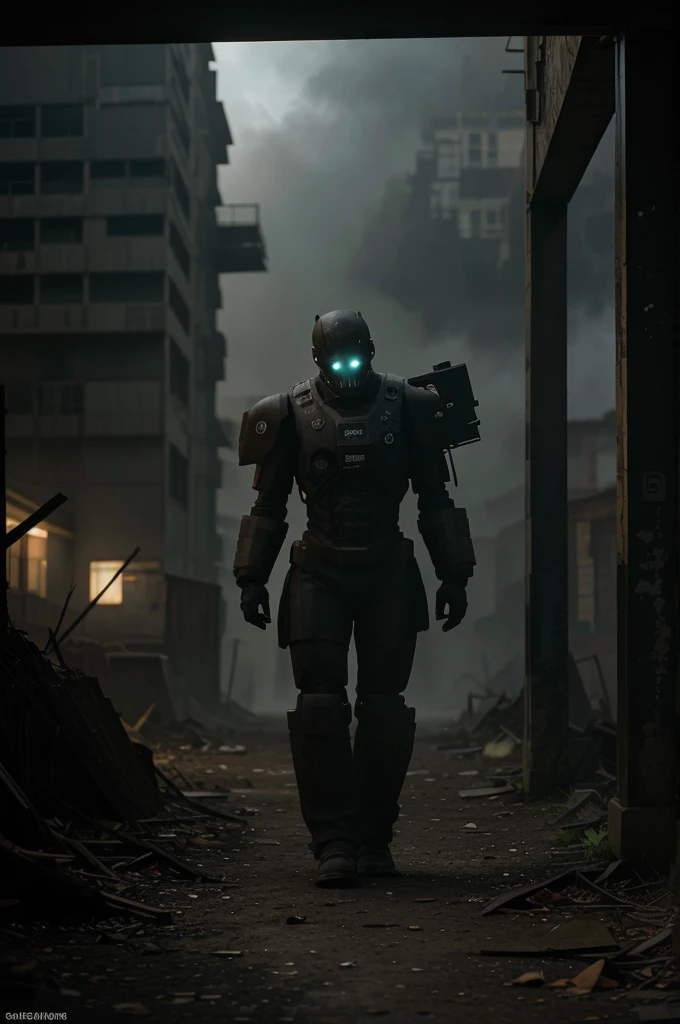 An abandoned mech, rusted and covered in vines, towering over a desolate cityscape. The mech's worn-out exterior shows intricate details of the mechanical parts and worn paint. The city below is in ruins, with crumbling buildings and overgrown vegetation. The setting is bathed in a warm, sunset glow, casting long shadows across the scene. The atmosphere is eerie and filled with a sense of loneliness and abandonment. The overall image quality is of the highest level, showcasing extreme details and textures. The color palette leans towards cool tones, with hints of faded blues and greens to enhance the desolate atmosphere. The lighting is dim, casting soft shadows and creating pockets of darkness. [Post-apocalyptic], [sci-fi], and [concept art] styles are incorporated, creating a sense of mystery and showcasing the abandoned potential of the mech and the city.