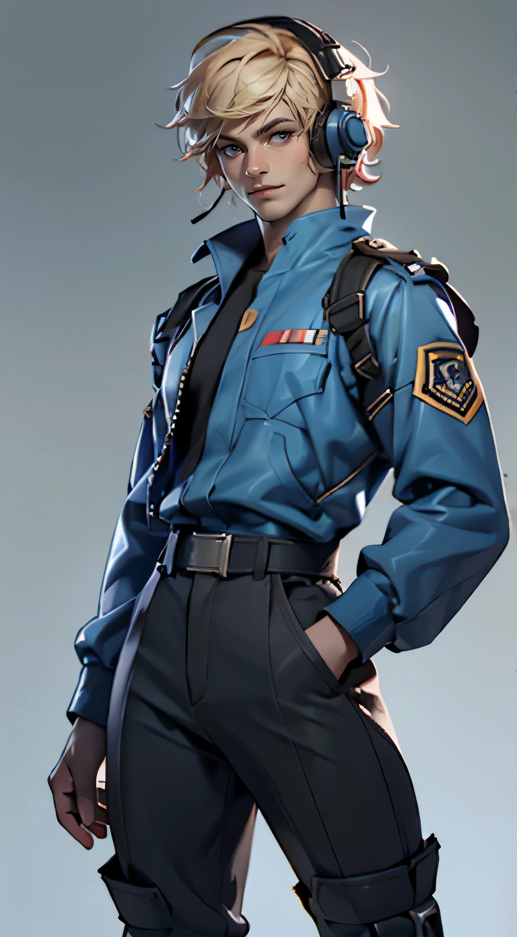 11:23(((best quality: 1.4))),(Unparalleled masterpiece), (Ultra high quality),(Hyper-realistic 8K CG)、（Beauty），（smiley face），（Headset devices），（light color short hair），（greet），（one hand gesturing），（Tech mech）， ((( Body))), (((1 young woman))), 25-year-old American soldier with perfect Body,,Beautiful and well groomed face,muscular Body:1.2, (Pictures from head to thighs)， Complex equipment, Tachibana，trousers，The clothes are dark，Clothes with armored metal electronic parts