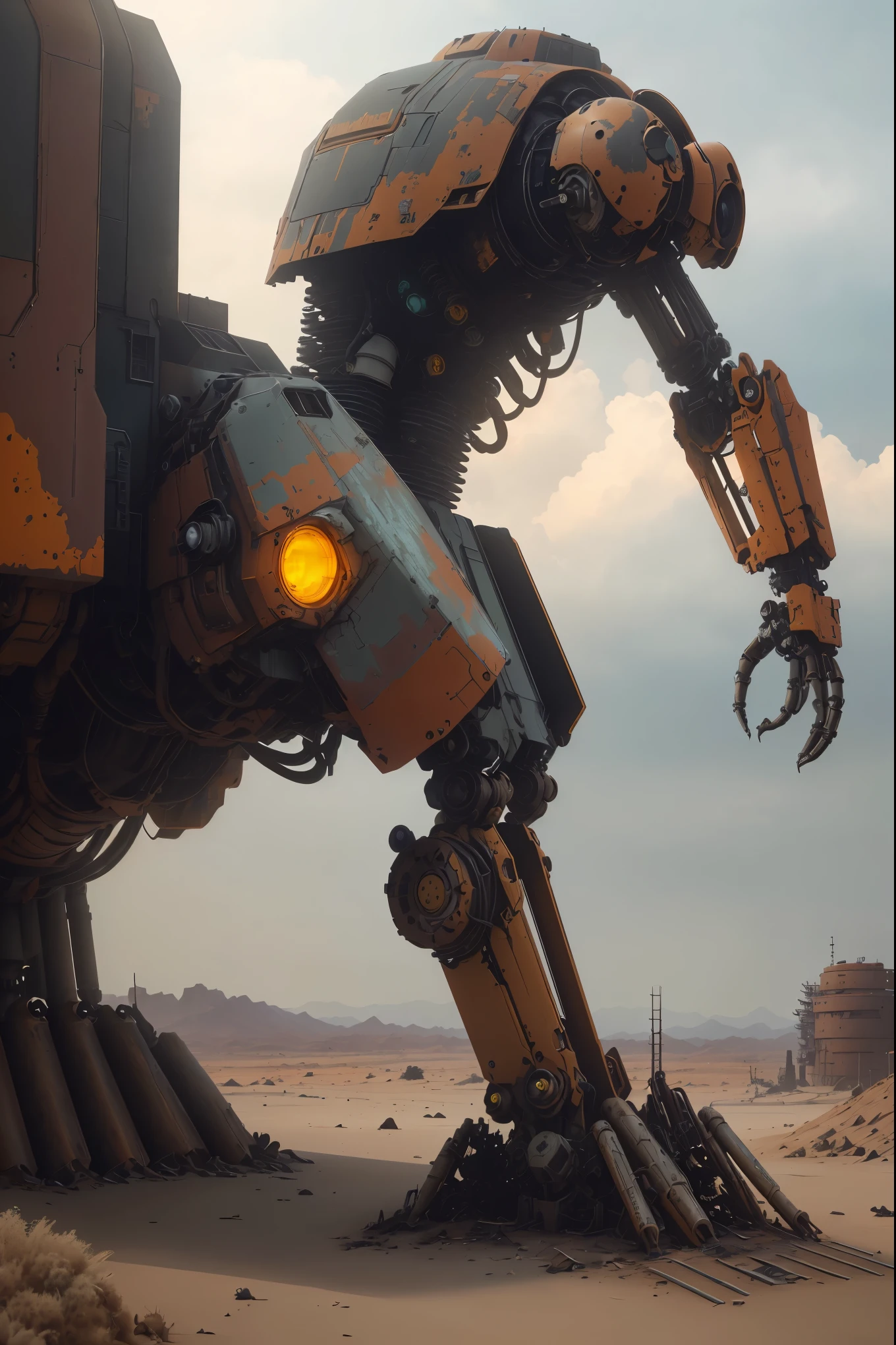  This photograph showcases a discarded mech, its old metal surface and rusty parts telling a story of neglect. Dim light filters through the gaps of the dilapidated mech, illuminating the scene. The mech's tires are flattened and deflated, leaving it stranded in a desolate background amidst the ruins of an abandoned factory. The scene is set in a post-apocalyptic world, filled with sci-fi elements that evoke a sense of doom and gloom.