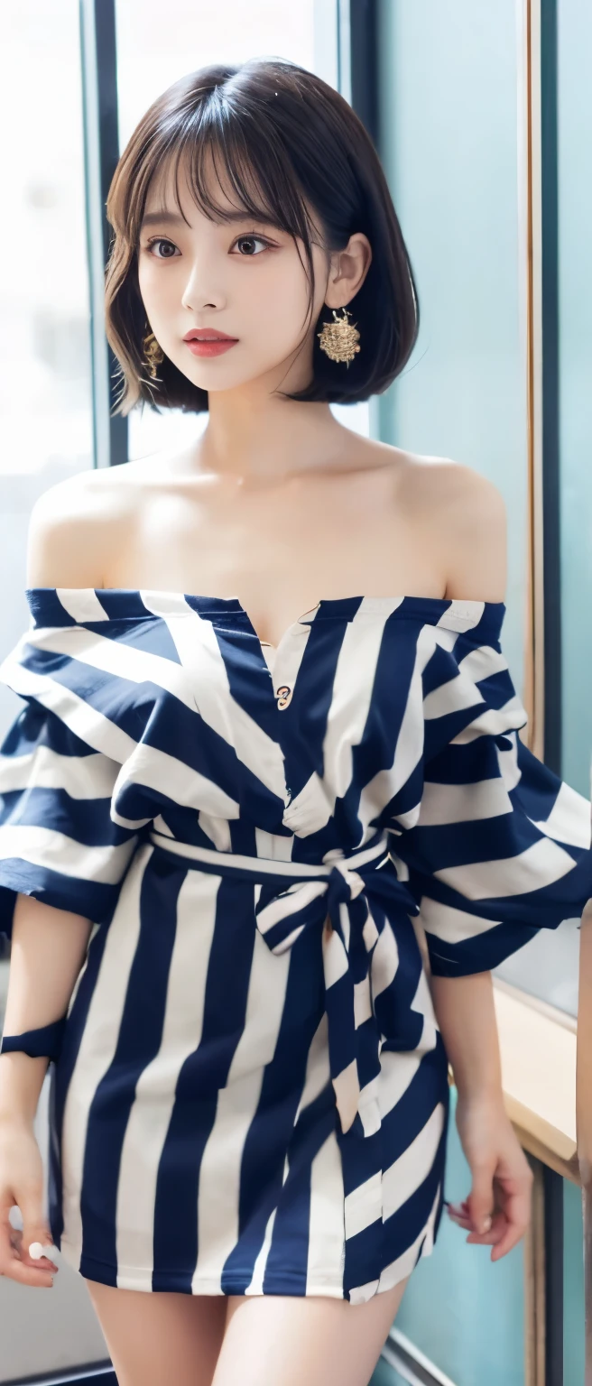 retro idol、whole body、good style、、、、、striped tight mini kimono dress(off shoulder)、short hair