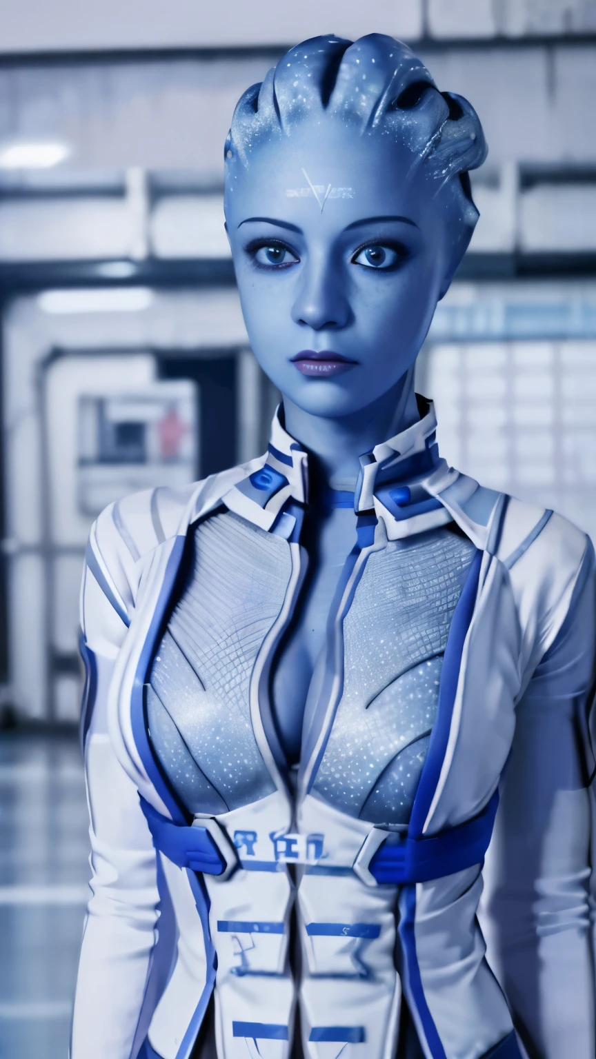 professional RAW Photo, (photo realistic:1.9), (hyper realistic:1.9), (realistic:1.9), ((masterpiece:1.5), (best quality:1.5), Liara T'Soni walking along the Citadel space station, blue skin, alien, solo, blue eyes, upper body, colored skin, portrait, freckles, hiper-realistic, clouse-up