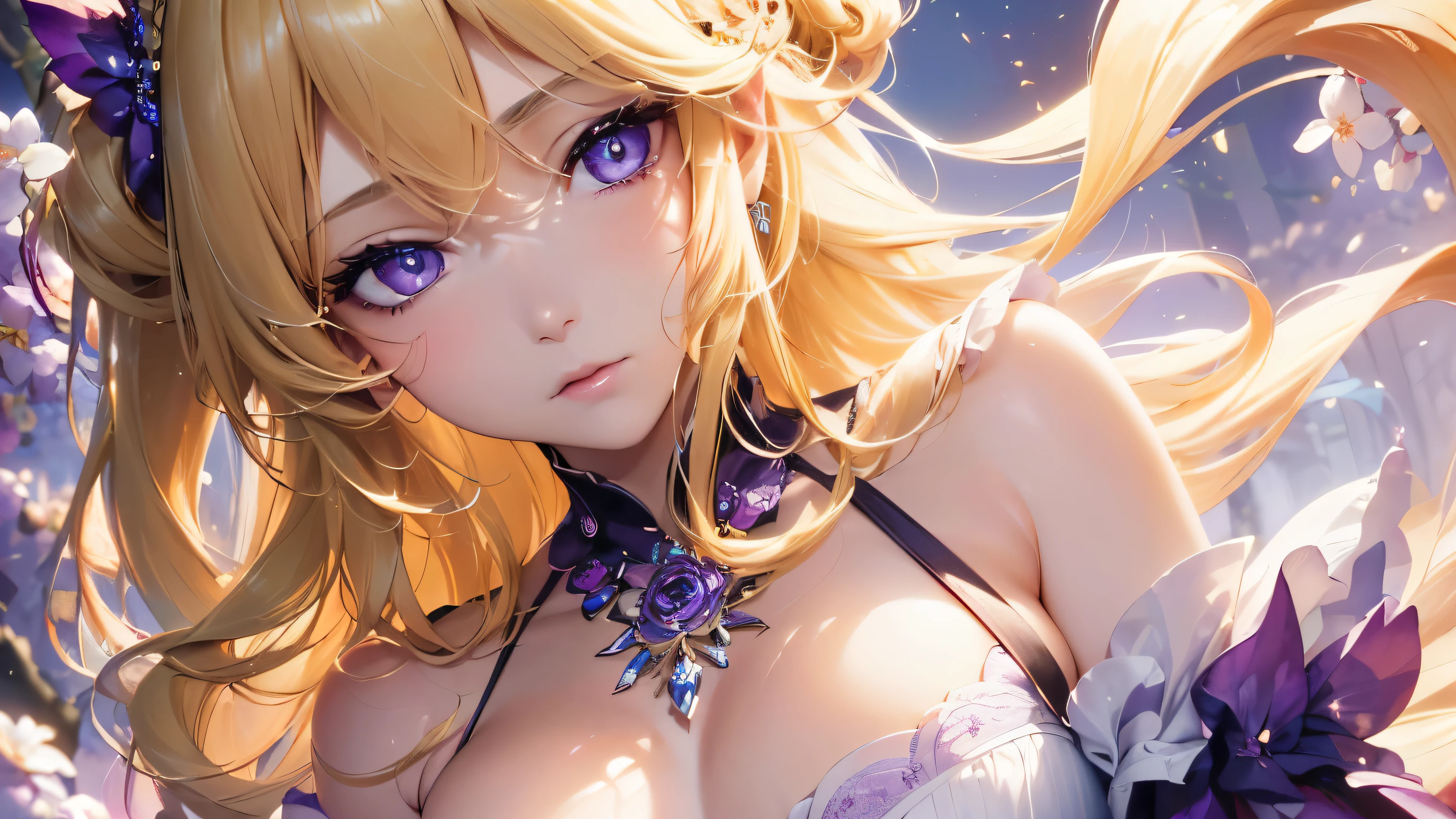 4K quality:1.2,1 girl,sense of depth,confused,catch light,Super beautiful illustration,(((beautiful blonde,two side up hairstyle:1.3))),beautiful and delicate flowing hair,((Beautiful purple eyes like jewels:1.2)),emphasized chest,Cherry tree