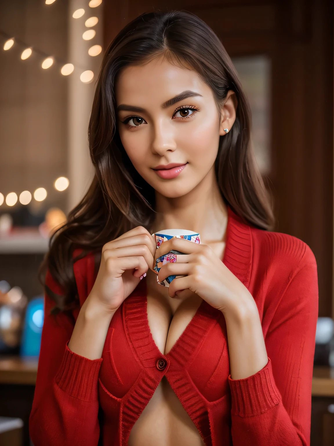 (best quality,4k,8k,highres,masterpiece:1.2),ultra-detailed,(realistic,photorealistic,photo-realistic:1.37),(1girl),(18years old),(Excella_re5:1.5),(irene1:0.5),((full body portrait:1.2)),(sharp focus:1.5),pearl skin,(skin pores:1.1), extremely detailed face and skin texture, (skin texture:1.1),black hair,tall and slender body,(192cm tall),thin and delicate figure,graceful posture,strong and defined muscles,flawless skin,defined abs,perfect curves,feminine appearance,beautiful long legs,embodying elegance and beauty,beautiful detailed brown eyes,beautiful detailed lips,extremely detailed eyes and face,longeyelashes,cleavage breasts,((wearing a (red) Cardigan)),vibrant color,simple background,professional photography,extremely detailed and realistic clothes,(colorful),naughty girl in the coffee shop,illustration,coffee enthusiast,sticker-covered laptop,steaming cup of cappuccino,playful demeanor,vintage-inspired (red) outfit,reading a book,earphones on,bokeh lights,highres,portrait,quirky style,