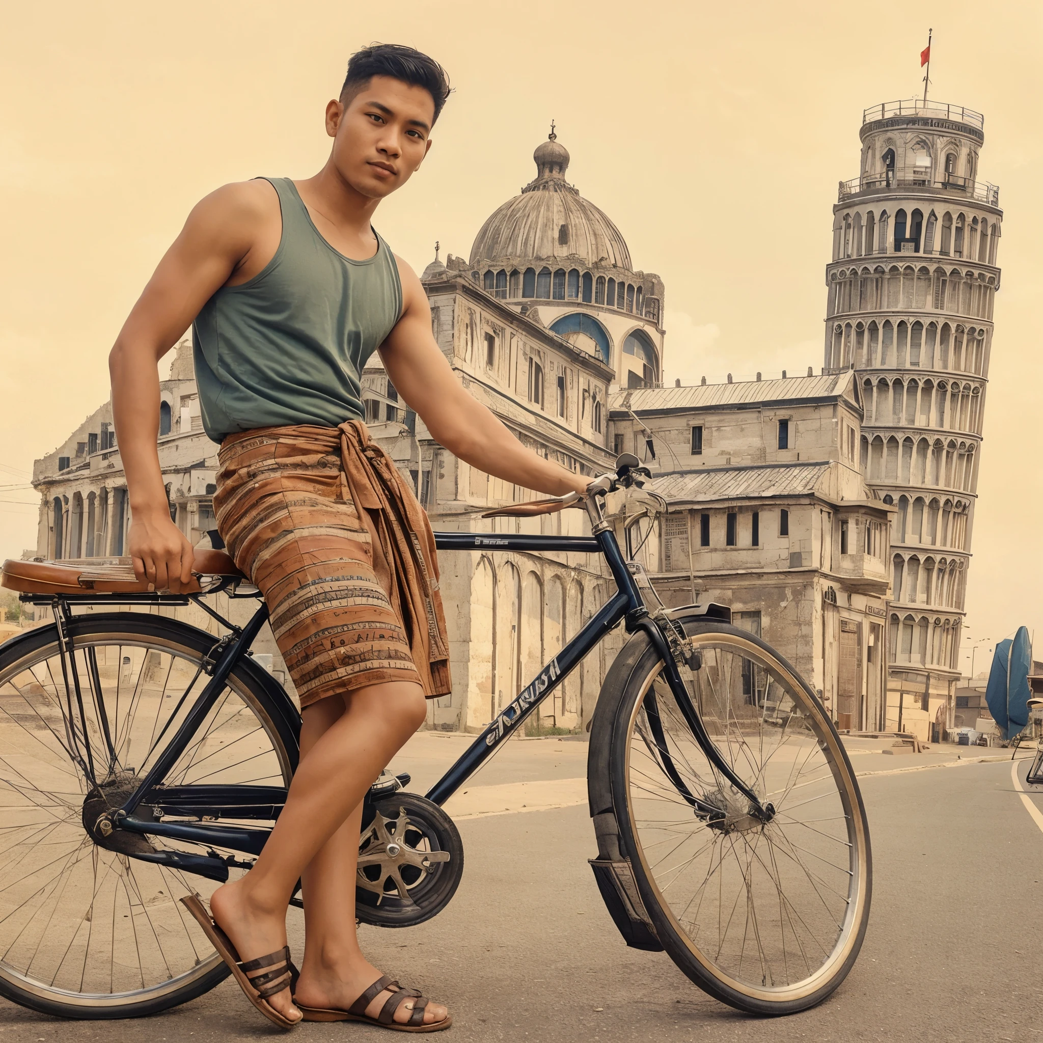 generate image a photo of an Indonesian man, clean face, short fade undercut hair, posing with a classic 1965s Raleigh bicycle in front of the Spinx in Egypt, depicted with a hyper-realistic oil painting effect. Wearing a sleeveless t-shirt, sarong and sandals. The scene embodies the theme of travel and iconic landmarks, with the bike adding a touch of nostalgic mid-18th century Europe fashion and design.