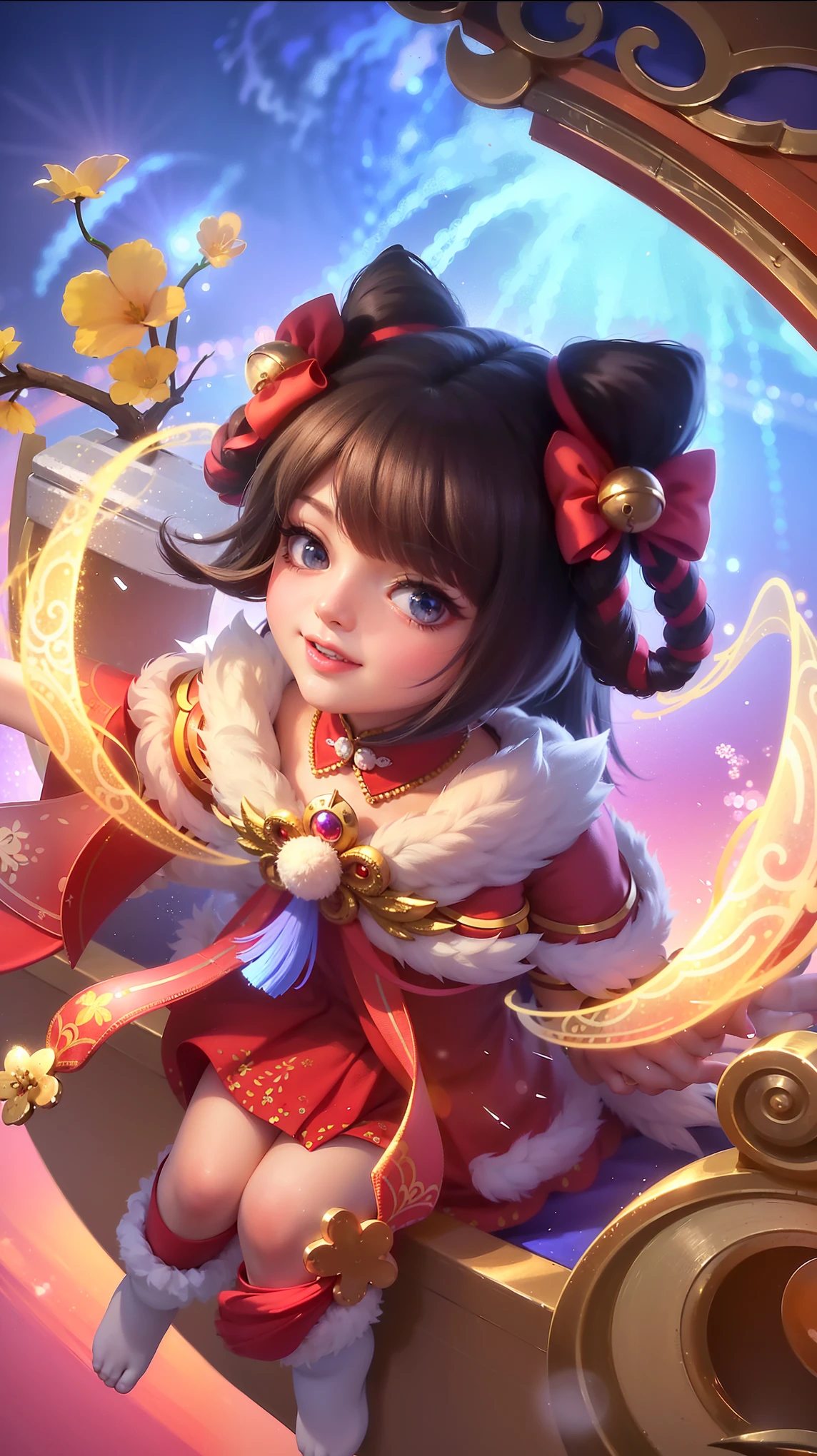 (8k, RAW photo, photorealistic:1.25) ,( lipgloss, eyelashes, gloss-face, glossy skin, best quality, ultra highres, depth of field, chromatic aberration, caustics, Broad lighting, natural shading, looking at viewer with a serene and goddess-like happiness, change from mobile legend game, black hair, red eyes, red ribbon, red kimono outfit, dynamic pose, outer space, relisem, 4k, hd, 1080p, smile.