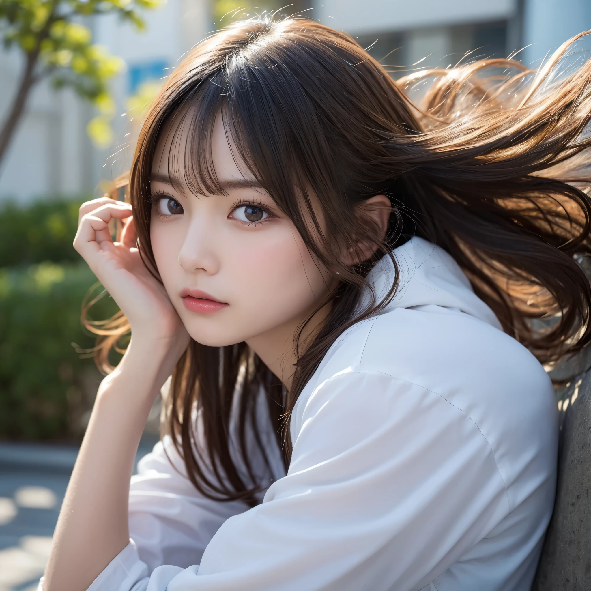 finely detail, hight resolution, hightquality、Perfect dynamic composition, Beautiful detailed eyes, Medium Hair, 、Natural Color Lip,Kamimei、Shibuya、20 years girl、1 persons、Transparent skin、Glowing hair、masutepiece, Best Quality, Illustration, Ultra-detailed, finely detail, hight resolution, 8K、The correct state of the human body、crouching down、Gravure Model Pose，Hair soaring in the wind