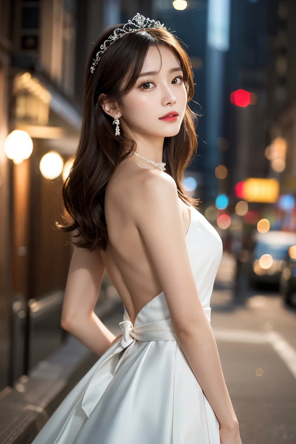 (top quality、8K, Yes、32K、masterpiece、ultra high definition:1.2)、Random pose、(Extremely delicate and beautiful work)、(masterpiece)、one、Highly detailed elegant wedding dresses、crown、highly detailed、charming expression、beautiful clear eyes、green pupils、exquisite necklace、Delicate earrings、simple blur background、extreme detail description、Beautiful fece、one迷人的、Ultra-fine painting、delicate face、Exquisite figure、Thin clavicle、beautiful lips、soft back view、Mix 4、(8K、RAW photography、top quality、masterpiece:1.2), (Centrism, light realism:1.37),1 girl in,cute ,Cityscape, night, rain, moist, Professional lighting, photon mapping, radio city, Physically based rendering, above waist、