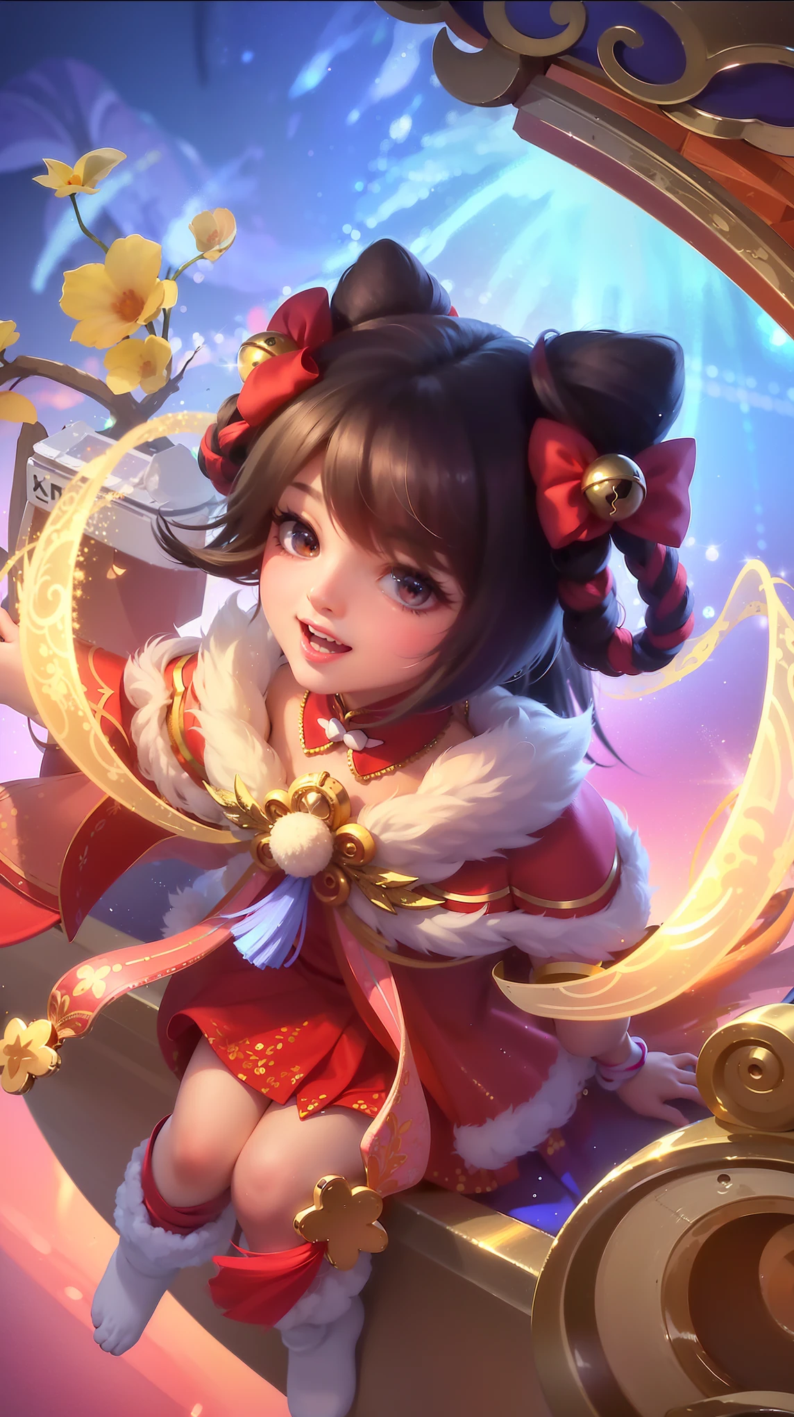 (8k, RAW photo, photorealistic:1.25) ,( lipgloss, eyelashes, gloss-face, glossy skin, best quality, ultra highres, depth of field, chromatic aberration, caustics, Broad lighting, natural shading, looking at viewer with a serene and goddess-like happiness, change from mobile legend game, black hair, red eyes, red ribbon, red kimono outfit, dynamic pose, outer space, relisem, 4k, hd, 1080p, smile.