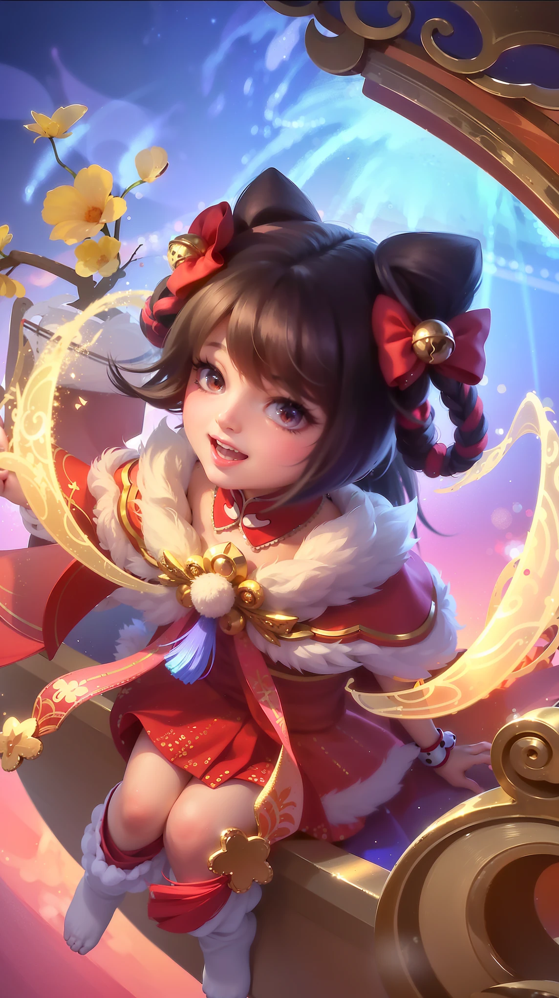 (8k, RAW photo, photorealistic:1.25) ,( lipgloss, eyelashes, gloss-face, glossy skin, best quality, ultra highres, depth of field, chromatic aberration, caustics, Broad lighting, natural shading, looking at viewer with a serene and goddess-like happiness, change from mobile legend game, black hair, red eyes, red ribbon, red kimono outfit, dynamic pose, outer space, relisem, 4k, hd, 1080p, smile.