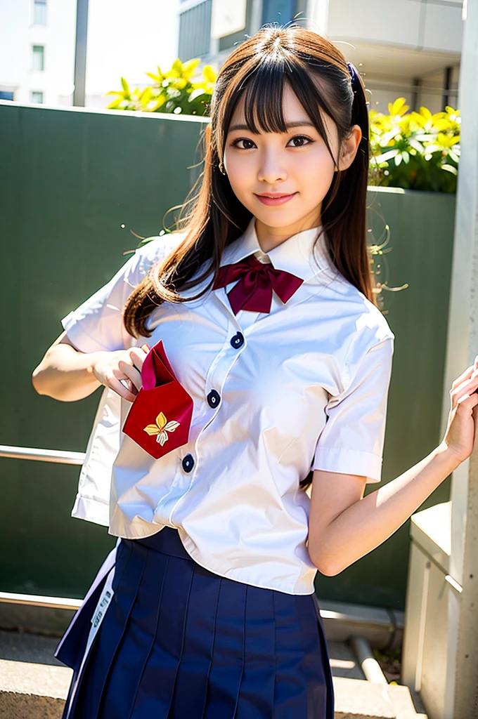 arafed asian woman in a school uniform posing for a picture, wearing japanese school uniform, japanese girl school uniform, japanese school uniform, young pretty gravure idol, seifuku, kimi takemura, realistic young gravure idol, young sensual gravure idol, japanese model, innocent smile, young gravure idol, wearing school uniform, teasing smile