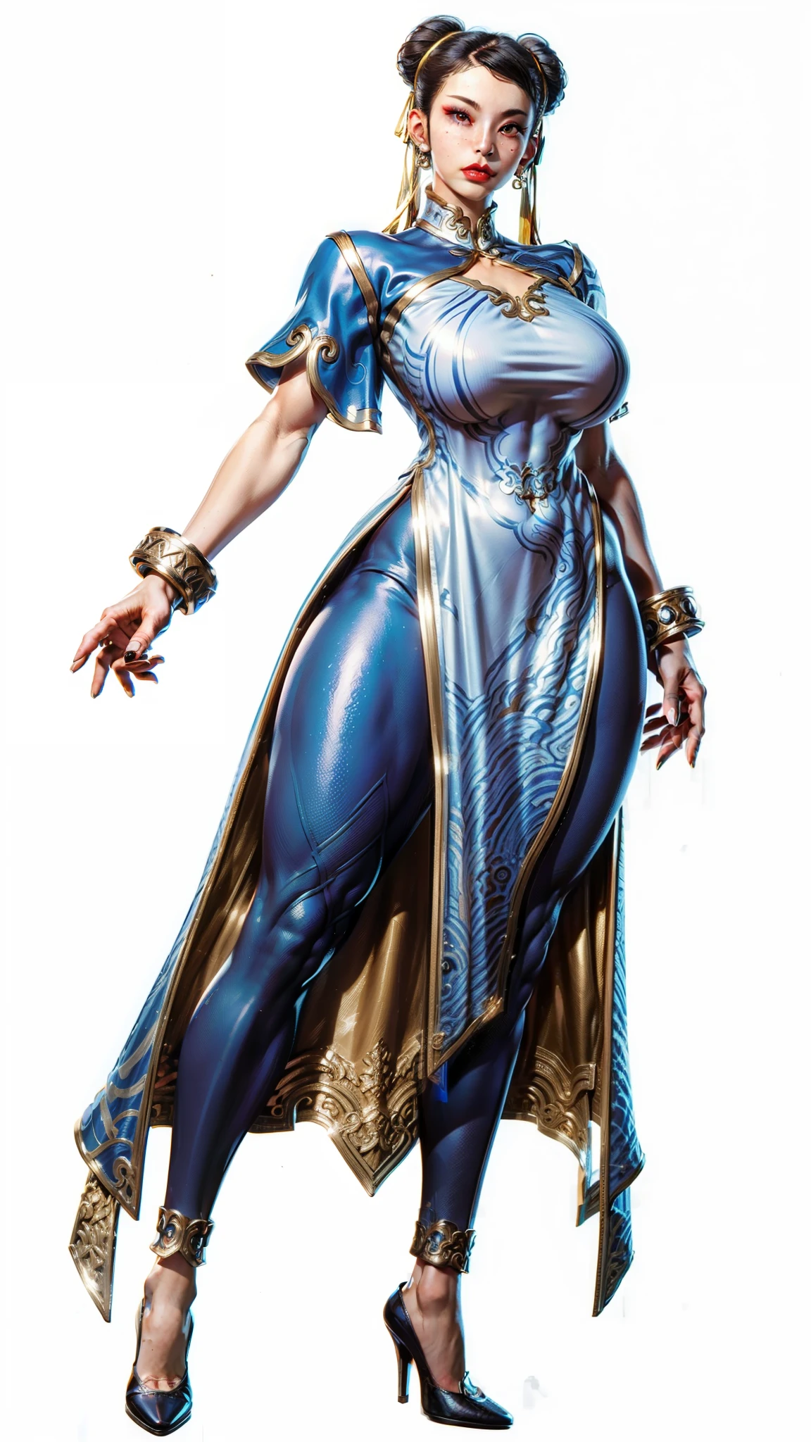 ((masterpiece)),(((best quality))),((character design sheet)),  ((chun_li)), ((full body view))  mature face, (twun hair buniddle eastern eyes:1.4)),  (((intricate futuristic breastplate))), defined cheekbones, high cheekbones, illustration, muscular, sexy bimbo, (gigantic breasts:1.7) black hair, ((detailed face:1.4)) beautiful woman, (Chinese:1.4) (white skin:1.4) , (red lipstick:1.4), shiny skin, scribbles and marks,(puffy lips:1.4) , rough sketches, pose, 8k,16k, (simple background, white background: 1.3) ((cool color palette)), ((cyberpunk aesthetic))