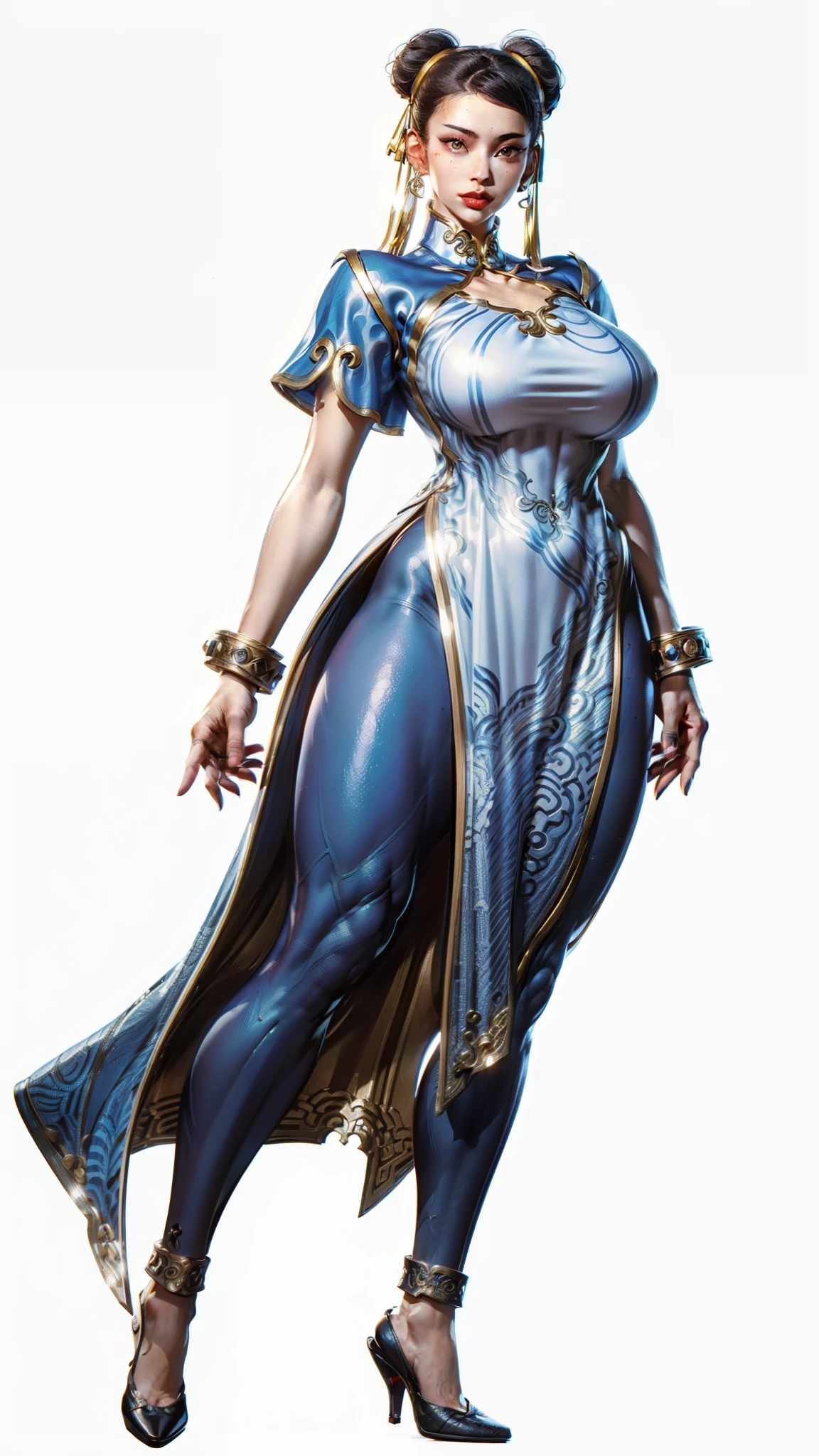 ((masterpiece)),(((best quality))),((character design sheet)),  ((chun_li)), ((full body view))  mature face, (twun hair buniddle eastern eyes:1.4)),  (((intricate futuristic breastplate))), defined cheekbones, high cheekbones, illustration, muscular, sexy bimbo, (gigantic breasts:1.7) black hair, ((detailed face:1.4)) beautiful woman, (Chinese:1.4) (white skin:1.4) , (red lipstick:1.4), shiny skin, scribbles and marks,(puffy lips:1.4) , rough sketches, pose, 8k,16k, (simple background, white background: 1.3) ((cool color palette)), ((cyberpunk aesthetic))