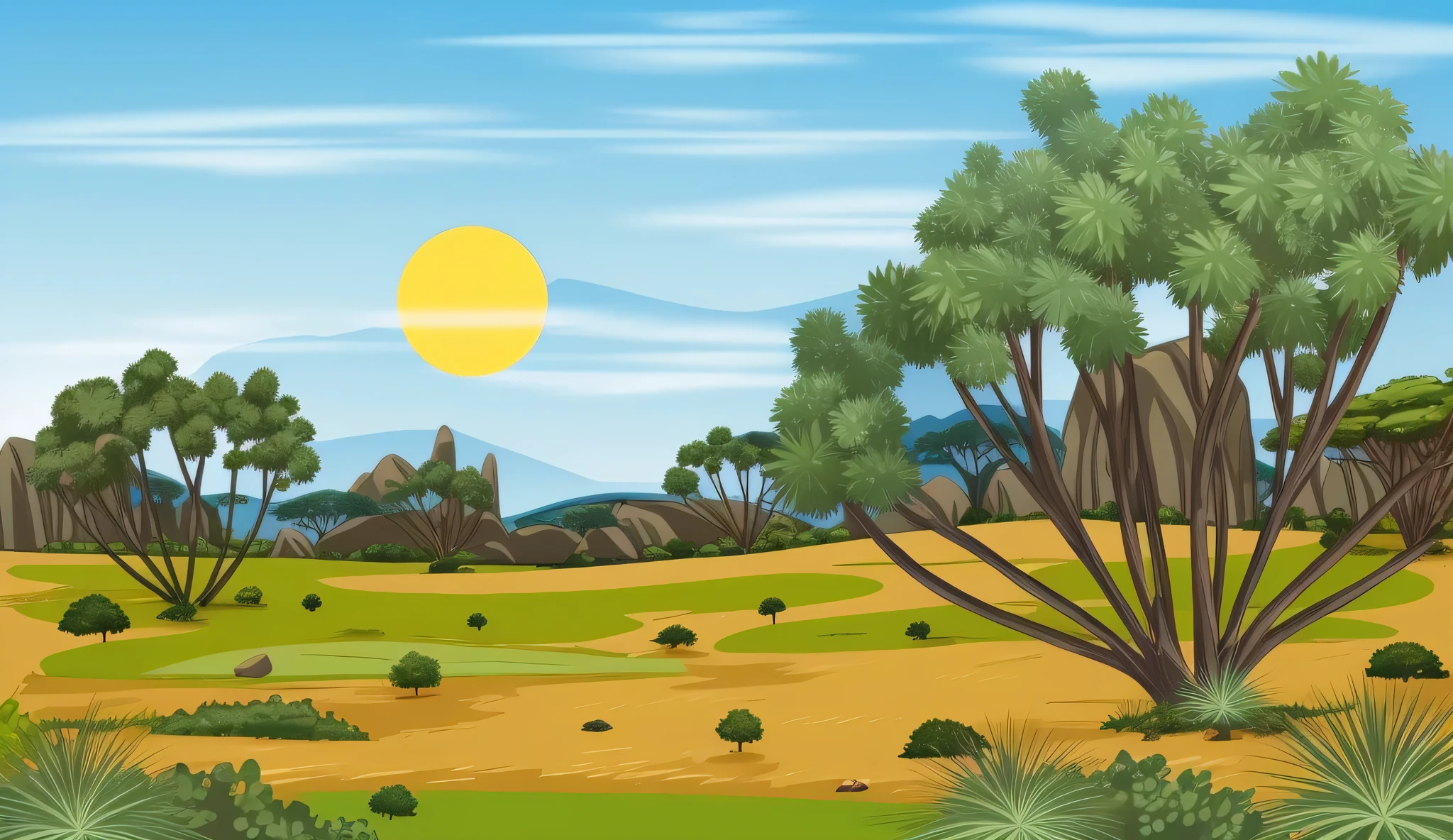 a cartoon illustration of a desert landscape with trees and bushes, savana background, sunny landscape, background art, sunny environment, landscape illustration, scenic environment, landscape background, landscape - scenery, scenery artwork, nature environment, background artwork, nature background, 2d game background, beautiful landscape background, random background scene, natural landscape, natural landscape background