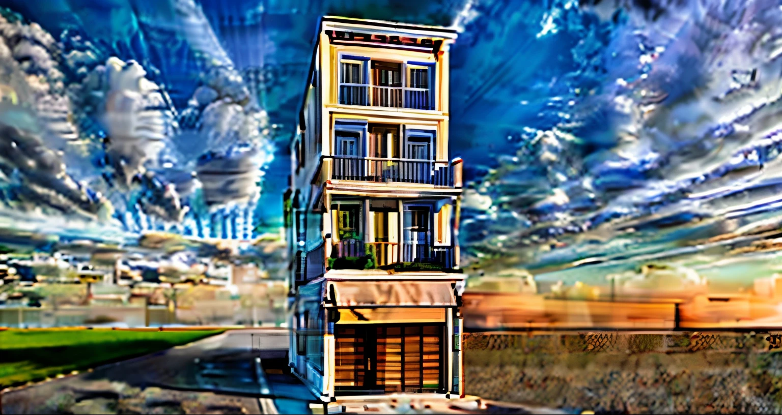 townhouse, painted white and grey, aluminum and glass doors, light gray stone cladding, blue sky and white clouds, street with trees and cars