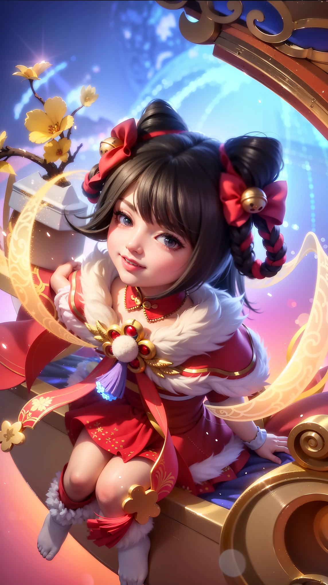 (8k, RAW photo, photorealistic:1.25) ,( lipgloss, eyelashes, gloss-face, glossy skin, best quality, ultra highres, depth of field, chromatic aberration, caustics, Broad lighting, natural shading, looking at viewer with a serene and goddess-like happiness, change from mobile legend game, black hair, red eyes, red ribbon, red kimono outfit, dynamic pose, outer space, relisem, 4k, hd, 1080p, smile.