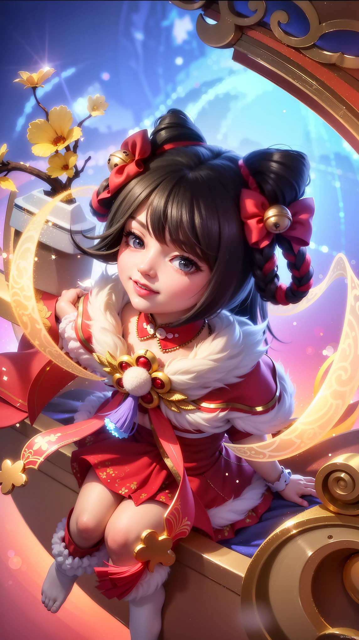 (8k, RAW photo, photorealistic:1.25) ,( lipgloss, eyelashes, gloss-face, glossy skin, best quality, ultra highres, depth of field, chromatic aberration, caustics, Broad lighting, natural shading, looking at viewer with a serene and goddess-like happiness, change from mobile legend game, black hair, red eyes, red ribbon, red kimono outfit, dynamic pose, outer space, relisem, 4k, hd, 1080p, smile.
