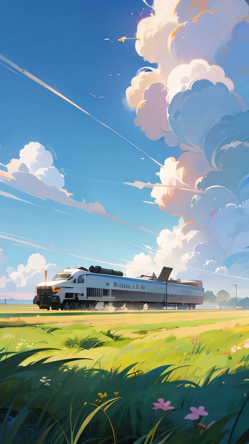 Revival,grassland,high speed rail,Blue sky and white clouds,Sunlight,anime scene,Xin Haicheng