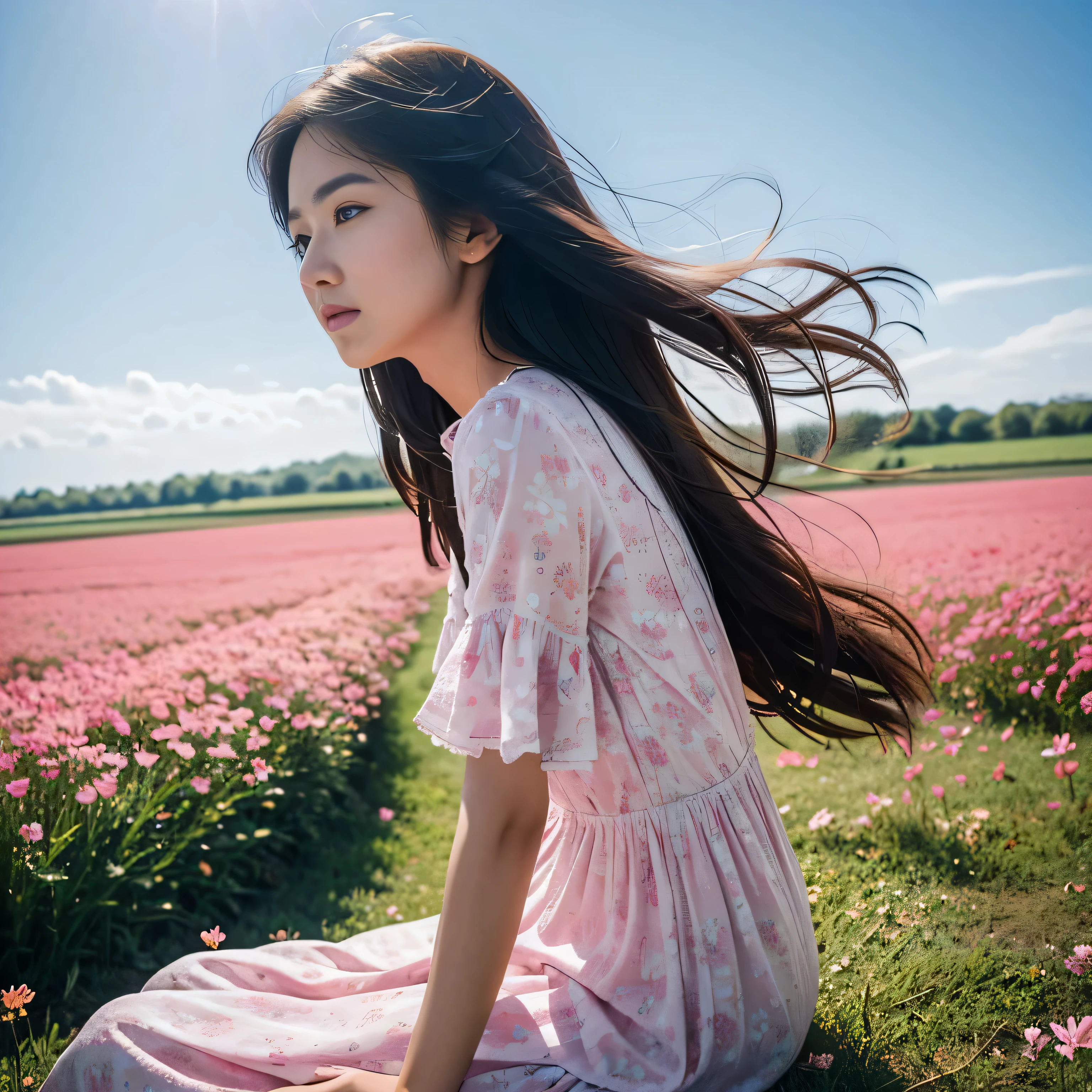TYPE : Beauty Photography
THEME : natural
RACE : Indonesian, young
PERSON 1 : Early 20s, woman
SCENE : outdoor , sitting in the middle of a field of very tall and beautiful flower field, side view , full filled with tall flower field, creating an beauty atmosphere , wind blowing effect, beautiful expression , graceful pose .
PROPS: : fields of tall flower field, blue sky  , wearing soft pink patterned long dress, wind blow 
CAMERA : photographed using an Canon eos 90d DSLR camera with 18-135mm lens , detail skin texture , detailed face , close up , low exposure
ANGLE : High Dynamic Range (HDR) shot
