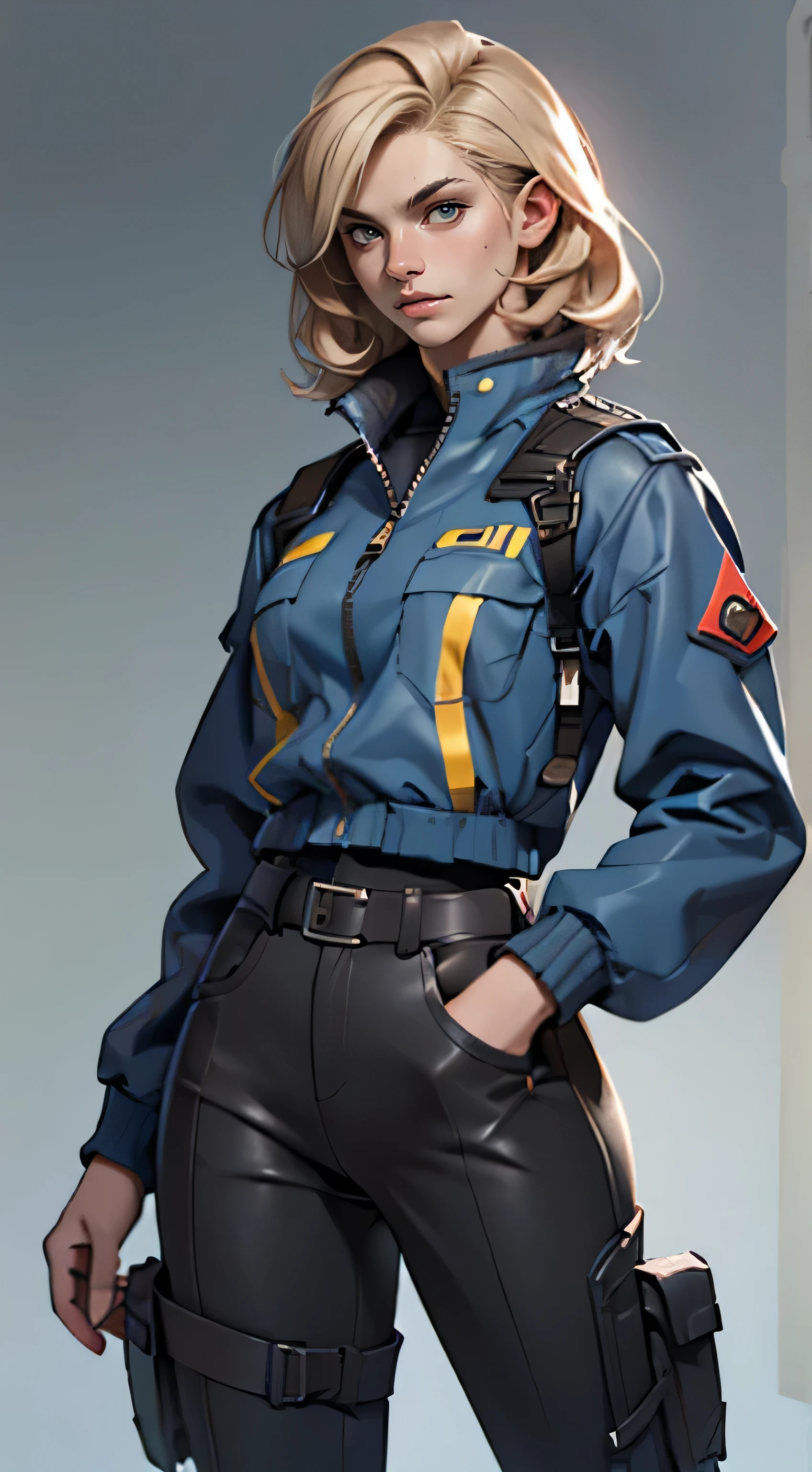 11:23(((best quality: 1.4))),(Unparalleled masterpiece), (Ultra high quality),(Hyper-realistic 8K CG)、（light hair），（Cross your waist with one hand），（Tech mech）， ((( Body))), (((1 girl in))), 25-year-old American soldier with perfect Body,,Beautiful and well groomed face,muscular Body:1.2,Solid 宝蓝色 jacket with details, (Pictures from head to thighs)， Complex equipment, Tachibana，trousers，The clothes inside are dark，Clothes with armored metal electronic parts