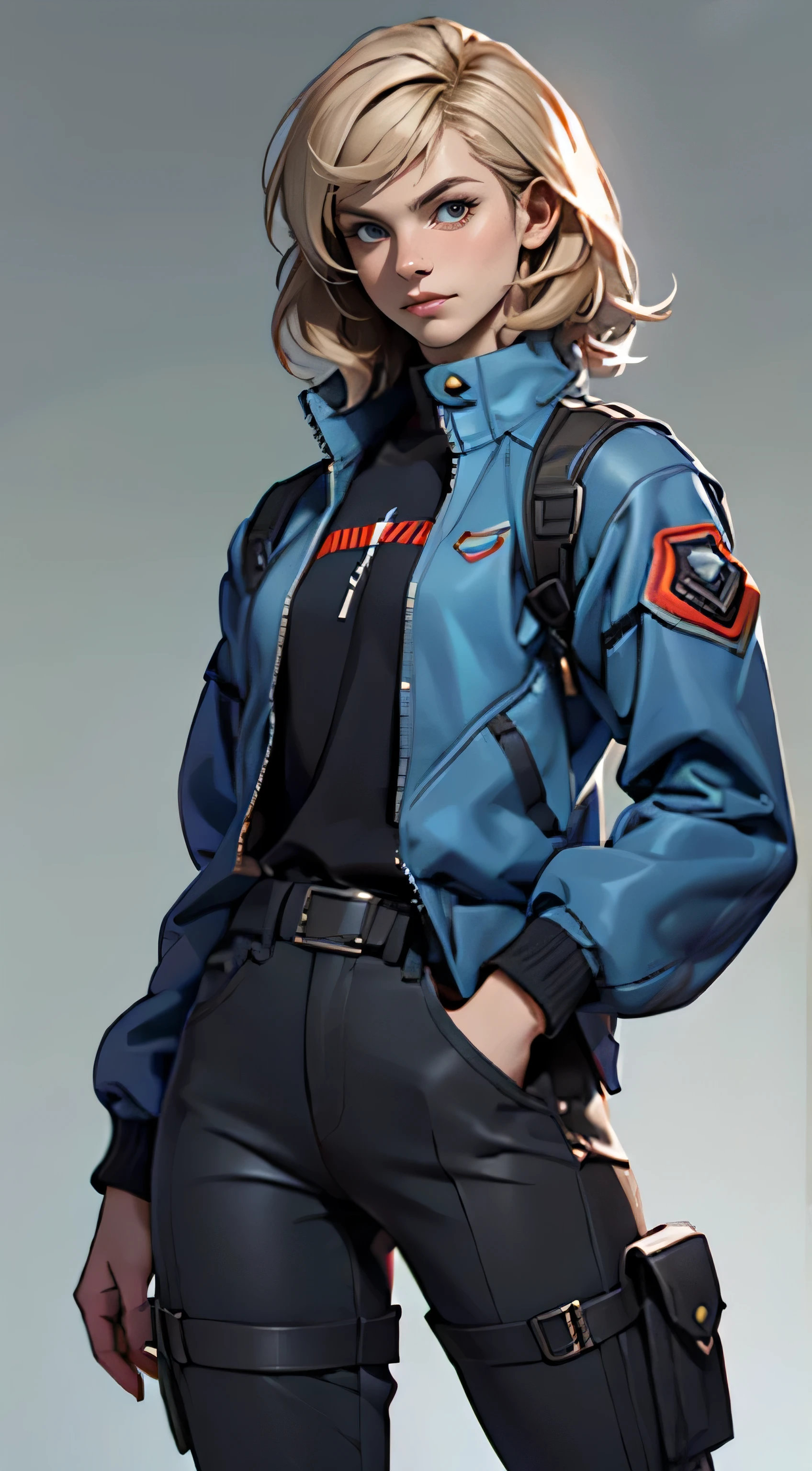 11:23(((best quality: 1.4))),(Unparalleled masterpiece), (Ultra high quality),(Hyper-realistic 8K CG)、(light hair),(Cross your waist with one hand),(Tech mech), ((( Body))), (((1 girl in))), 25-year-old American soldier with perfect Body,,Beautiful and well groomed face,muscular Body:1.2,Solid 宝蓝色 jacket with details, (Pictures from head to thighs), Complex equipment, Tachibana,trousers,The clothes inside are dark,Clothes with armored metal electronic parts