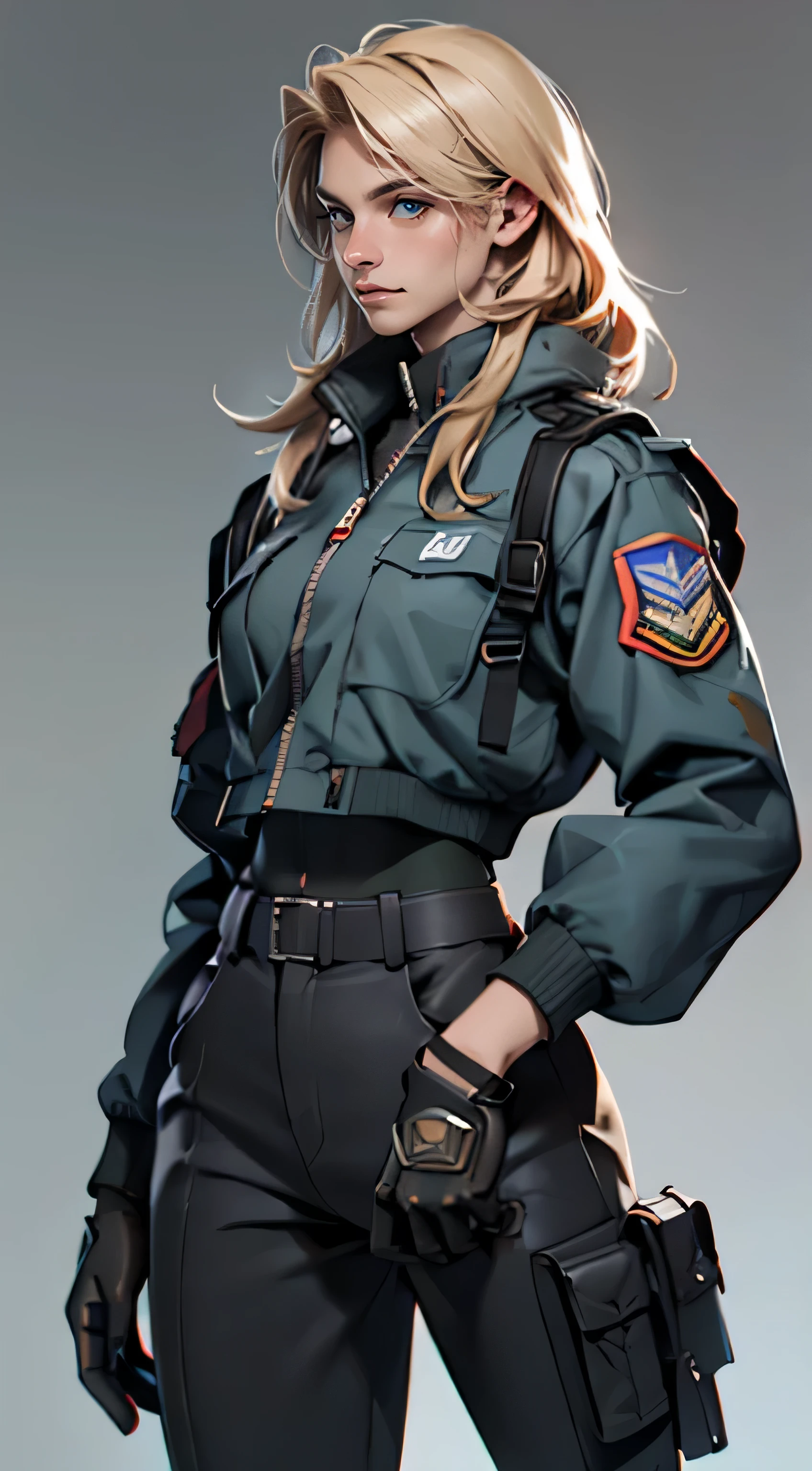 11:23(((best quality: 1.4))),(Unparalleled masterpiece), (Ultra high quality),(Hyper-realistic 8K CG)、（light hair），（Cross your waist with one hand），（Tech mech）， ((( Body))), (((1 girl in))), 25-year-old American soldier with perfect Body,,Beautiful and well groomed face,muscular Body:1.2,Solid 宝蓝色 jacket with details, (Pictures from head to thighs)， Complex equipment, Tachibana，trousers，The clothes inside are dark，Clothes with armored metal electronic parts