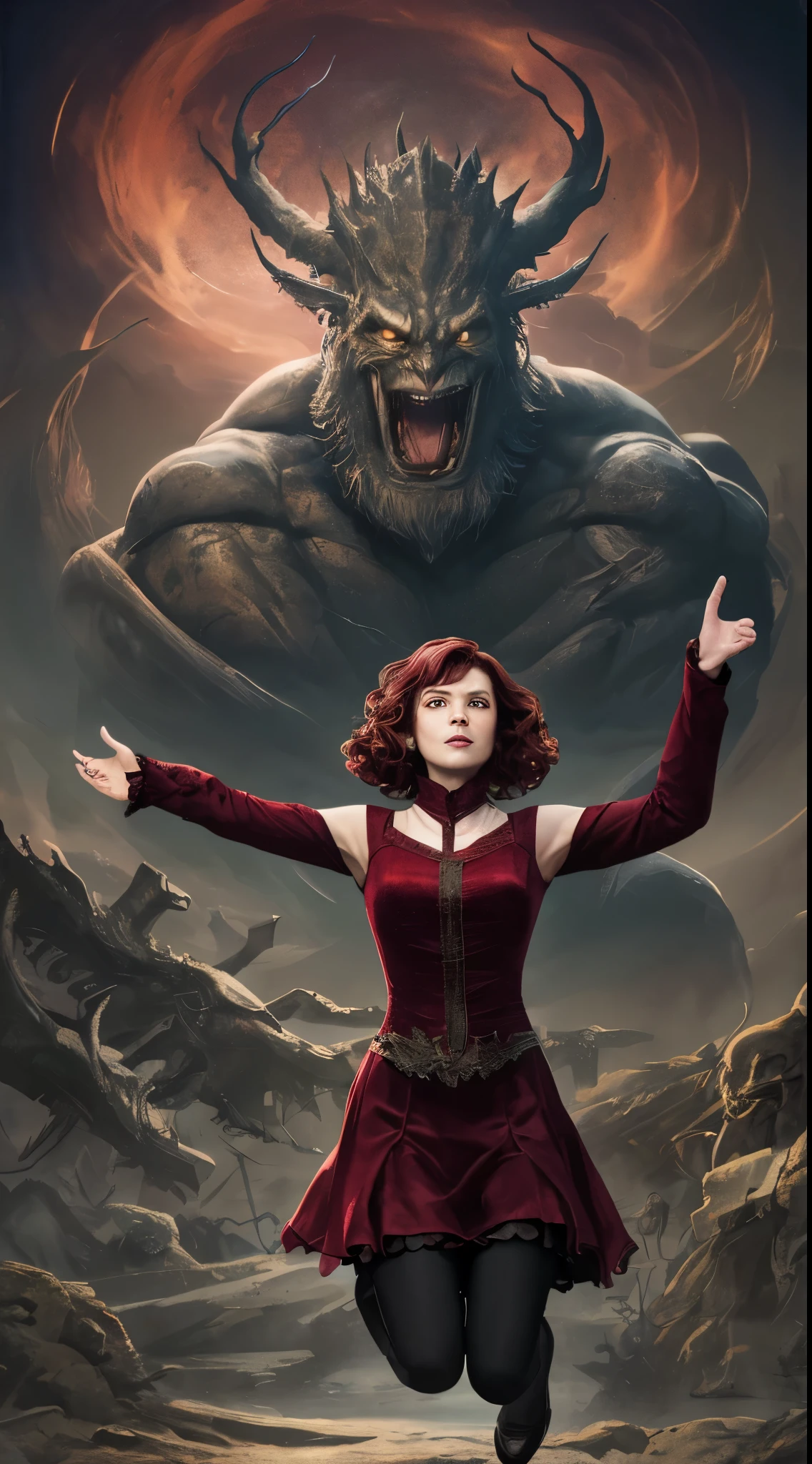 Masterpiece, best quality, (highly detailed raw photo:1. 2), 8k render in luxcore render, volumetric lighting, volumetric shadows, headshot, foreshortening, p. craig russell style old woman, velvet, Jumping with arms forming a 'Y' shape, burgundy, medium hair, ringlets, 
fairy tale fantasy, a prophecy of a chosen one to defeat an ancient evil, fantasy city