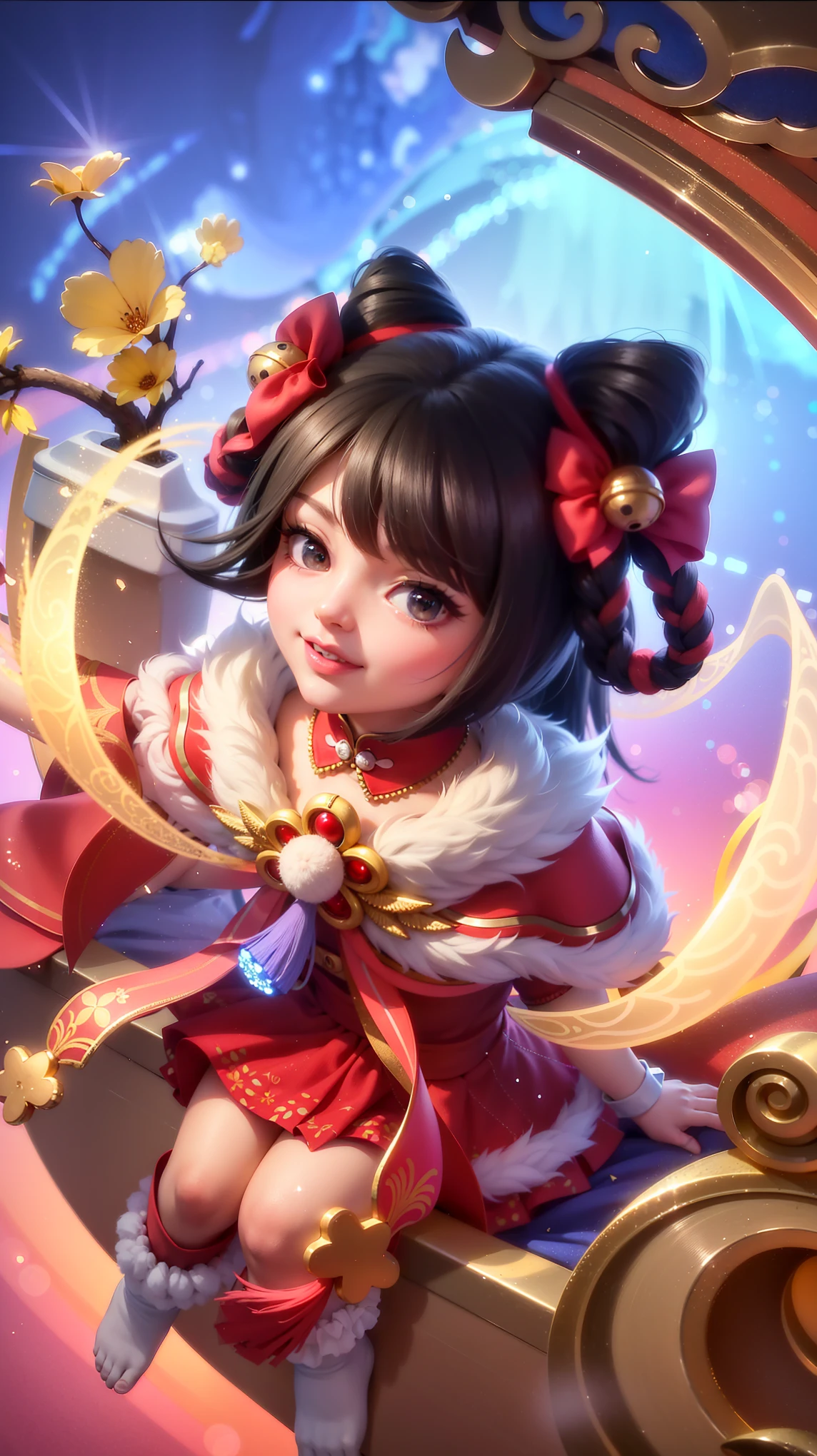 (8k, RAW photo, photorealistic:1.25) ,( lipgloss, eyelashes, gloss-face, glossy skin, best quality, ultra highres, depth of field, chromatic aberration, caustics, Broad lighting, natural shading, looking at viewer with a serene and goddess-like happiness, change from mobile legend game, black hair, red eyes, red ribbon, red kimono outfit, dynamic pose, outer space, relisem, 4k, hd, 1080p, smile.
