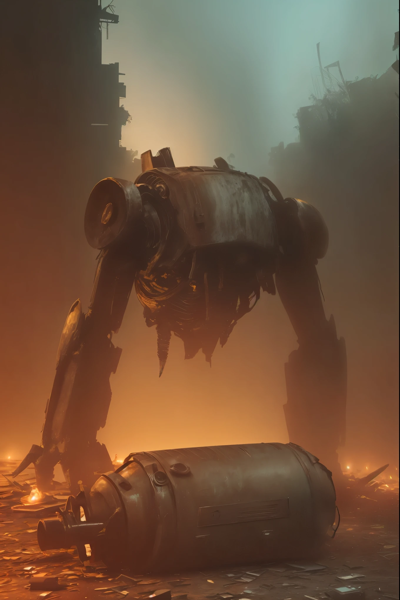  This photograph showcases a discarded mech, its old metal surface and rusty parts telling a story of neglect. Dim light filters through the gaps of the dilapidated mech, illuminating the scene. The mech's tires are flattened and deflated, leaving it stranded in a desolate background amidst the ruins of an abandoned factory. The scene is set in a post-apocalyptic world, filled with sci-fi elements that evoke a sense of doom and gloom.