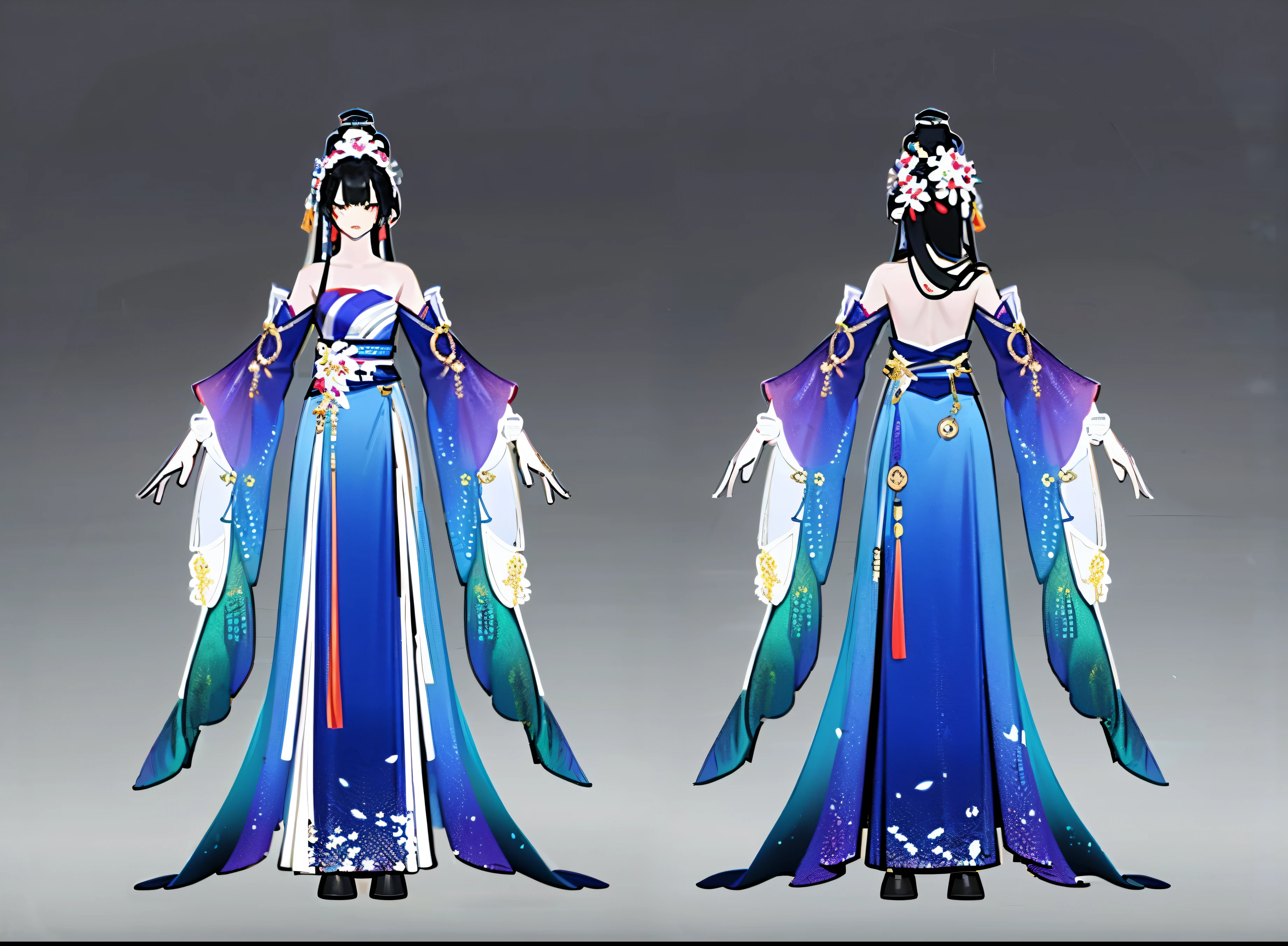 Rear view, front view, multi-view, game character, East Asian character design, exquisite accessories, exquisite patterns, 1girl, long_hair, hair_ornament, dress, flower, hair_flower, gradient_background, multiple_views, gradient, full_body, jewelry, grey_background, chinese_clothes, blue_dress, standing