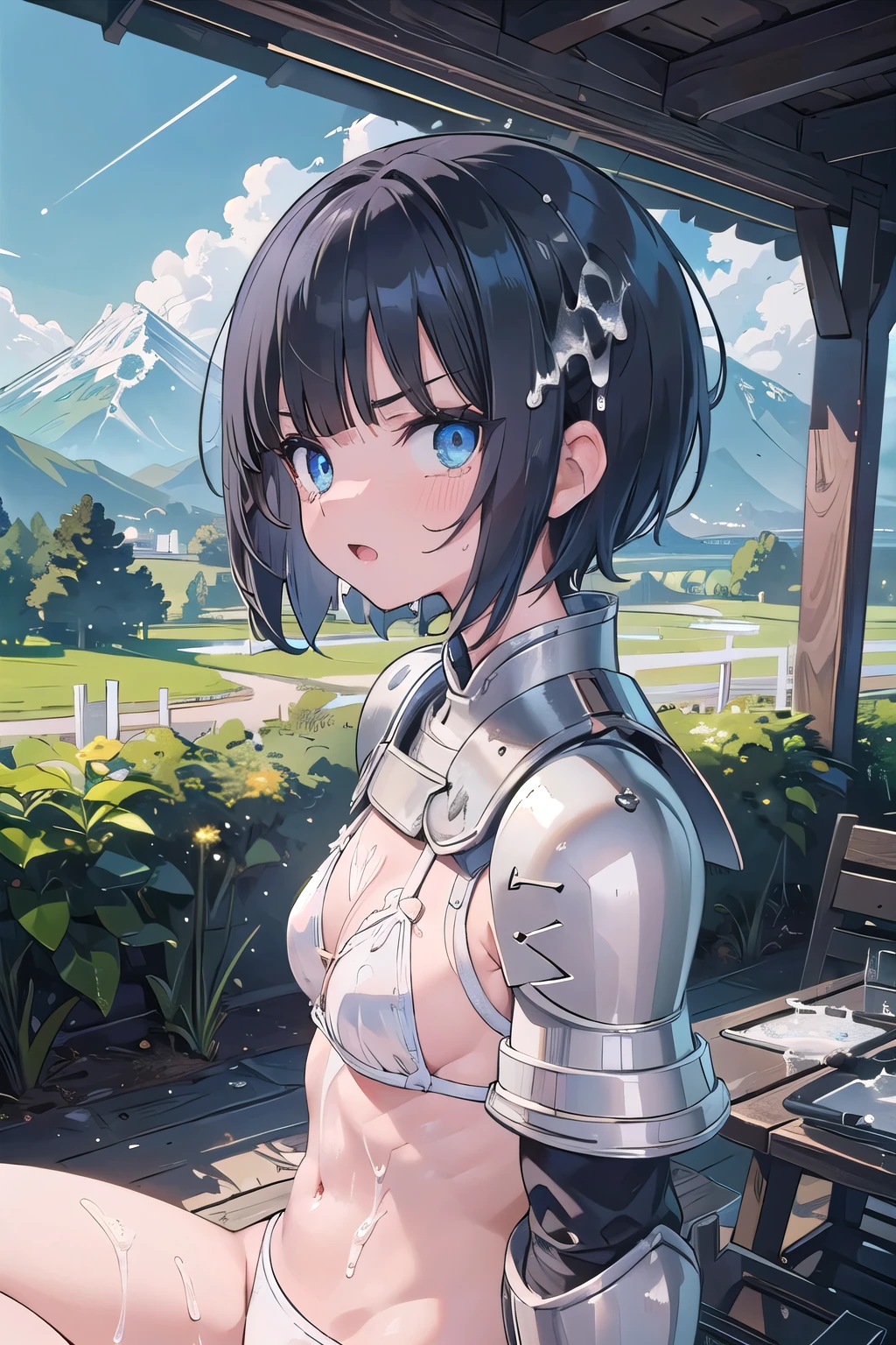 (masterpiece:1.2), (highest quality:1.2), Upper body, perfect eyes, perfect face, perfect lighting, mountainous horizon, 1 girl, 1 boy, black hair, blue eye, ((very short back hair)), blunt bangs, cute eyes, Medium chest , ((From the side)),From above, open mouth, vivid description,orgasm, I was scared, crying face, tooth, anger, From the side, sitting, (((white bikini armor))), (((disdain))), (((((cum on body))))), ((((glaring)))), (abs)