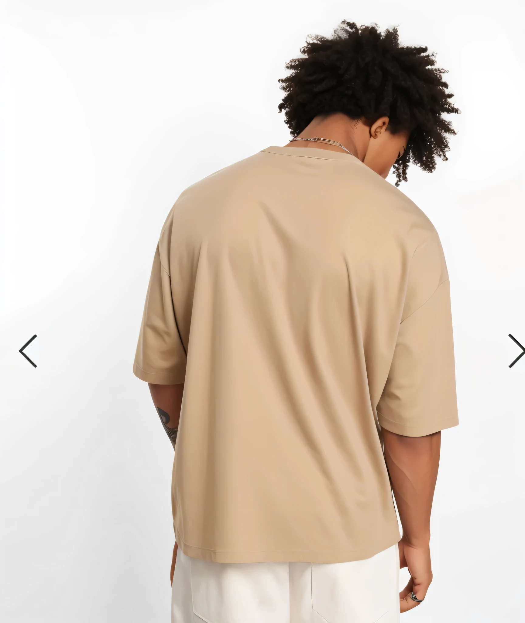 arafed man in a tan shirt and white pants standing, back view also, medium shot taken from behind, t-top, trending on r/streetwear, photographed from the back, close-up shot from behind, oversized, 3 / 4 back view, wear's beige shirt, neck zoomed in, close-up shot taken from behind, backview, tattoos on right arm