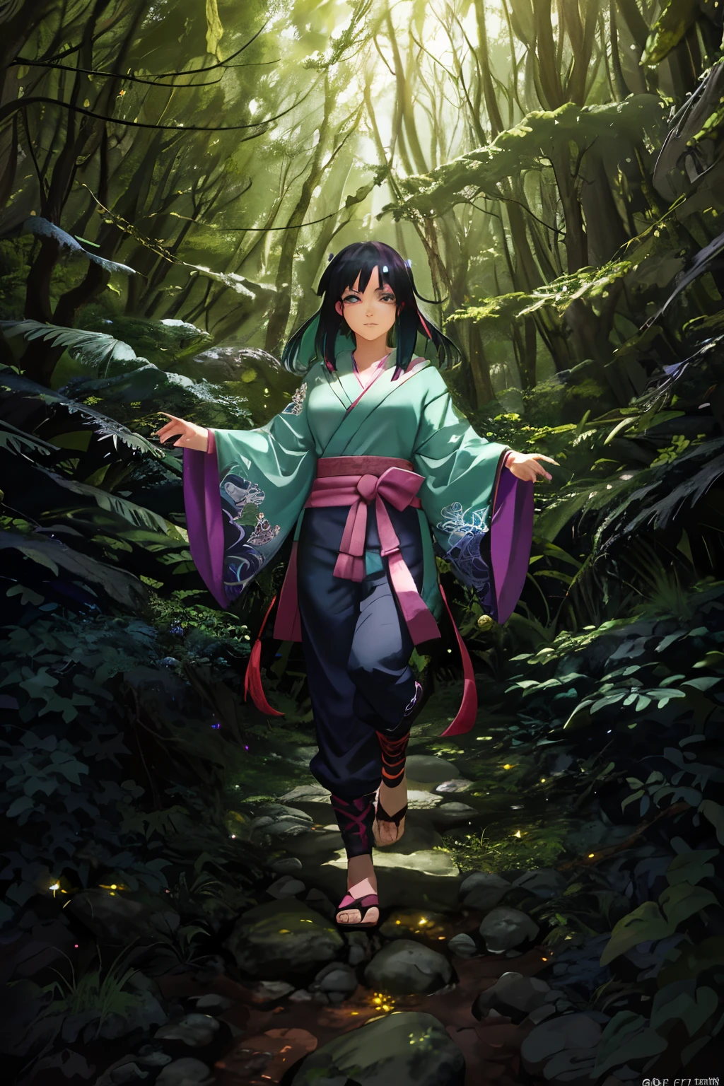 Masterpiece, anime fan art, 2D cartoon style, an enchanting image of Hyuga Hinata from Naruto Shippuden, her Byakygan activated, nestled in an enchanted forest, the night sky adorned with twinkling fireflies, Hinata standing gracefully atop a moss-covered rock, neck adorned with a delicate necklace, her delicate eyes shining with determination, intricately detailed features, high contrast light and shadow, the forest surrounding her alive with vibrant colors, a serene atmosphere, the essence of Naruto Shippuden anime art, enhanced details. (Note: I cannot add numerical values to the description as per the