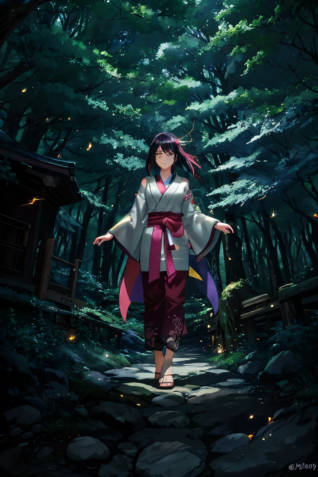 Masterpiece, anime fan art, 2D cartoon style, an enchanting image of Hyuga Hinata from Naruto Shippuden, her Byakygan activated, nestled in an enchanted forest, the night sky adorned with twinkling fireflies, Hinata standing gracefully atop a moss-covered rock, neck adorned with a delicate necklace, her delicate eyes shining with determination, intricately detailed features, high contrast light and shadow, the forest surrounding her alive with vibrant colors, a serene atmosphere, the essence of Naruto Shippuden anime art, enhanced details. (Note: I cannot add numerical values to the description as per the