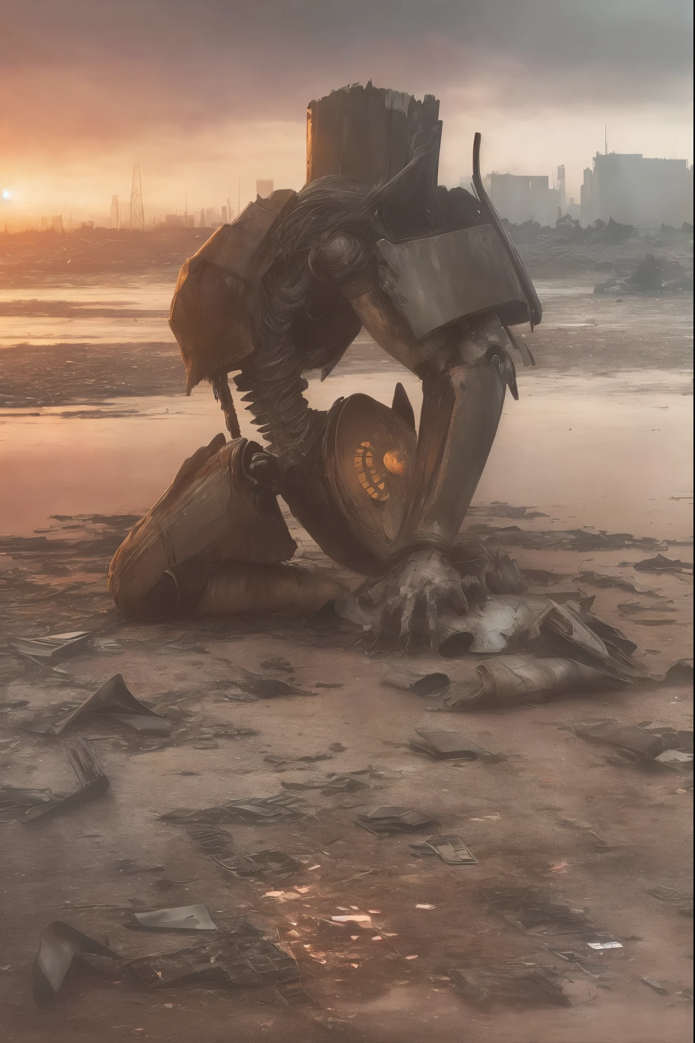  This photograph showcases a discarded mech, its old metal surface and rusty parts telling a story of neglect. Dim light filters through the gaps of the dilapidated mech, illuminating the scene. The mech's tires are flattened and deflated, leaving it stranded in a desolate background amidst the ruins of an abandoned factory. The scene is set in a post-apocalyptic world, filled with sci-fi elements that evoke a sense of doom and gloom.