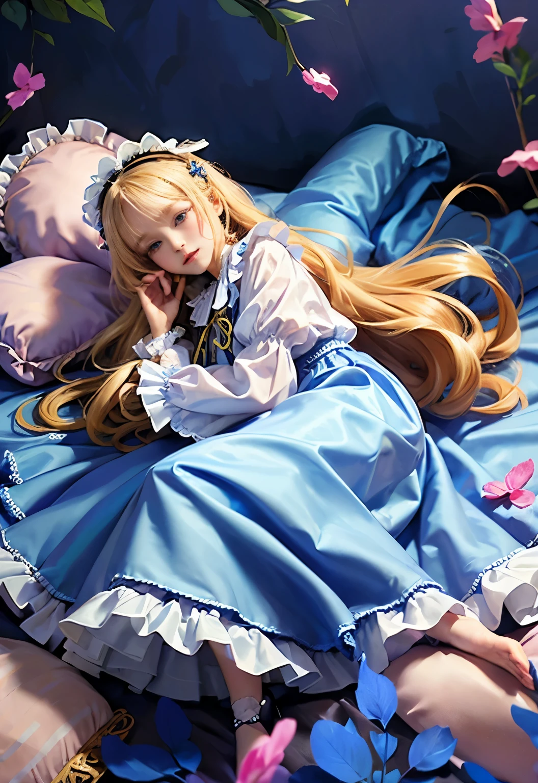 ,highest quality, masterpiece, highest resolution, artwork, super それにget used to it, many get used to it, get used to it, それにget used to it, 3K anime illustration,(( 10 year old girl)),Super detailed baby face,high quality small face,long blonde hair that grows to the waist,blue eyes,白い肌のeuropean,pajamas, european,(((super long blonde hair))),curly hair,blue eyes,((((ピンクのロリータファッションのlong skirtのワンピースドレス)))),((Pink dress with lots of frills and ribbons)),((Luxurious headdress with frills and ribbons)),detailed headdress,,(((big yoke collar))),Yoke collar with ruffles and ribbons,((((long sleeve)))),ruffle sleeves,((((long skirt)))),white ruffle and lace socks,large frill and ribbon pillow,detailed costume,many frilly pillows on the bed,super detailed background,detailed bed,romantic atmosphere,soft ruffle pillow,Beautiful girl illustration,detailed beautiful face detailed hair,detailed human eye ,detailed mouth, arm details,fine hands,detailed soft pillow,wide bed,Illustration on the bed,The girl is resting on many soft pillows,surrounded by many pillows,Many small white feathers dance,fine white feathers,