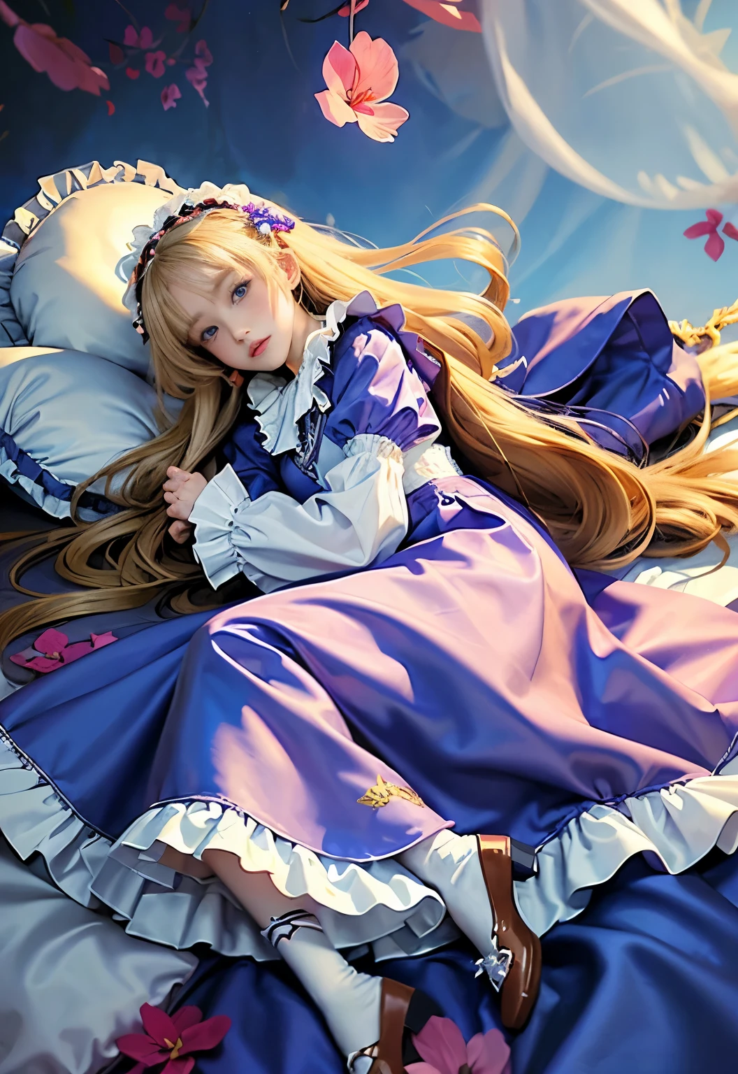 ,highest quality, masterpiece, highest resolution, artwork, super それにget used to it, many get used to it, get used to it, それにget used to it, 3K anime illustration,(( 10 year old girl)),Super detailed baby face,high quality small face,long blonde hair that grows to the waist,blue eyes,白い肌のeuropean,pajamas, european,(((super long blonde hair))),curly hair,blue eyes,((((ピンクのロリータファッションのlong skirtのワンピースドレス)))),((Pink dress with lots of frills and ribbons)),((Luxurious headdress with frills and ribbons)),detailed headdress,,(((big yoke collar))),Yoke collar with ruffles and ribbons,((((long sleeve)))),ruffle sleeves,((((long skirt)))),white ruffle and lace socks,large frill and ribbon pillow,detailed costume,many frilly pillows on the bed,super detailed background,detailed bed,romantic atmosphere,soft ruffle pillow,Beautiful girl illustration,detailed beautiful face detailed hair,detailed human eye ,detailed mouth, arm details,fine hands,detailed soft pillow,wide bed,Illustration on the bed,The girl is resting on many soft pillows,surrounded by many pillows,Many small white feathers dance,fine white feathers,