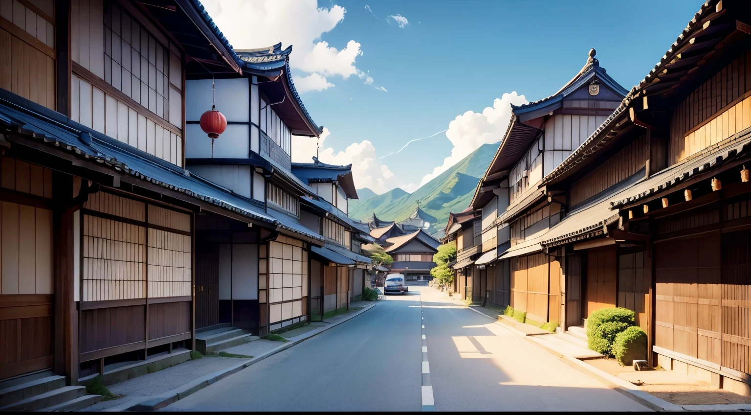 Japanese cities, japanese village, hyper realistic photo of a city, old asian village, Japanese cities, Beautifully lit building, blue sky, photo shoot, cinematic, 8k, highly detailed,asphalt road in the middle、Cityscape seen from a person's perspective、There are no people、