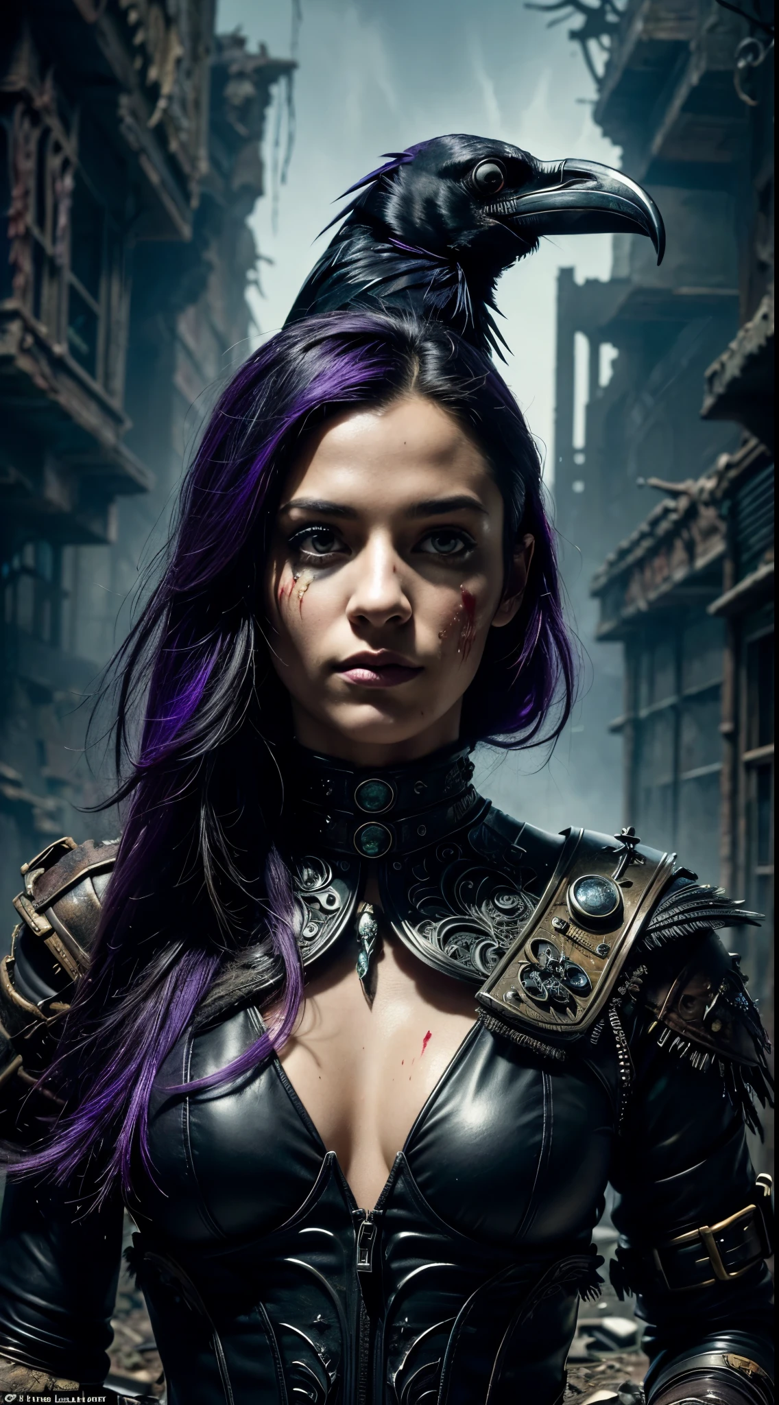 A (((stunningly detailed fantasy portrait))), intricate details and vibrant colors evoking a mix of horror and beauty with a (((raven))) as the focal point, set against a (((blood splatter fantasy grunge backdrop))) that gives off a Castlevania vibe, accompanied by an (advanced technological interpretation) of a (((desolate post-apocalyptic wasteland atmosphere))) that blends with (mythological creatures and futuristic technology) to create an epic composition that transports the viewer into a wondrous realm of surreal fantasy