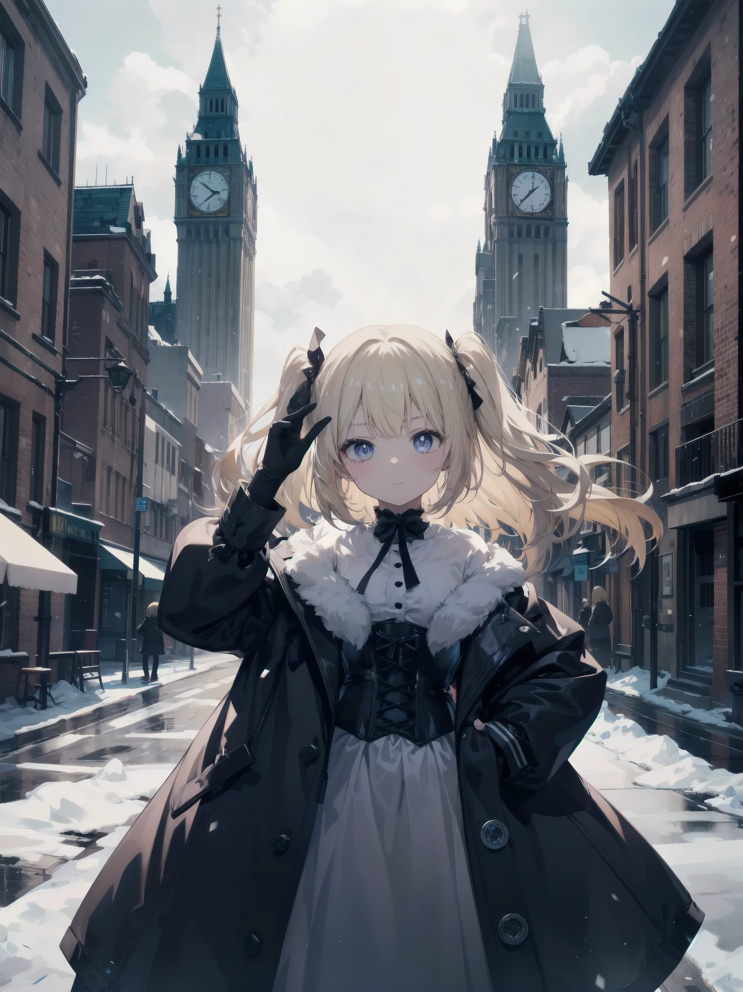 With background: snowy night cityscape。Detailed drawings of buildings and cityscapes using precise three-dimensional thinking。
shape: 12 year old girl。The hairstyle is a one-length bob、hair color is blonde、Hair is wavy。
expression and eyes: serious expression、eyes are blue、Realistic and complex eyes。
clothing: black and purple gothic clothes。long sleeves and skirt、Corset available。
Pause:cute gesture、とにかく信じられないほど可愛いPause
効果:Focus on the face from above。
style: Final Fantasy style special elements:I never have