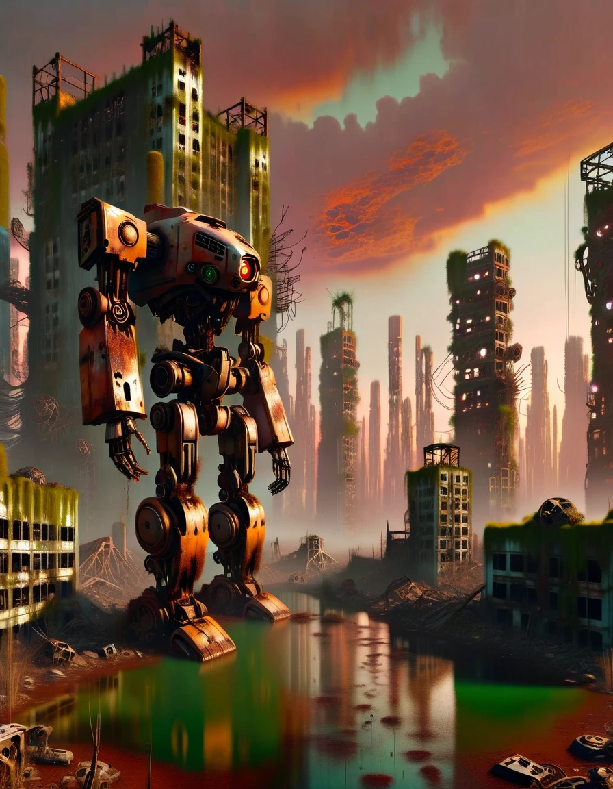 (full-body shot) , In a ruined city covered with vegetation，((1 Abandoned mechas, killer robots in the post-apocalyptic wasteland，Covered in rust and covered with moss, it stands alone in the middle of a pond filled with oil.:1.8))。Ruined city restored after nuclear blast，The outlines of the oppressive buildings in the background are clearly visible。((The mecha was severely damaged, with oil stains and scratches covering its surface.Its metal casing is rusty and its wires are exposed))，Reminiscent of its glorious past。However，Now it&#39;s just an abandoned shell，Abandoned in this post-apocalyptic landscape。Photos in a super minimalist style，the abandoned city is rendered in soft orange-pink tones，Creates a super warm atmosphere。Film grain and root effects add a sense of texture and nostalgia to the image。The lens is dimmed，Pastel colors and crazy details create a hyper-detailed post-apocalyptic atmosphere。This feeling is further enhanced by the oppressive buildings in the background and the distant twilight scene。This ultra-professional landscape photo is a stunning portrayal of an abandoned city and derelict mechas，it tells a story about war、A story of destruction and the passage of time，(global illumination, Ray tracing, high dynamic range, Unreal rendering, Reasonable design, high detail, masterpiece, best quality, ultra high definition, light)，3d style