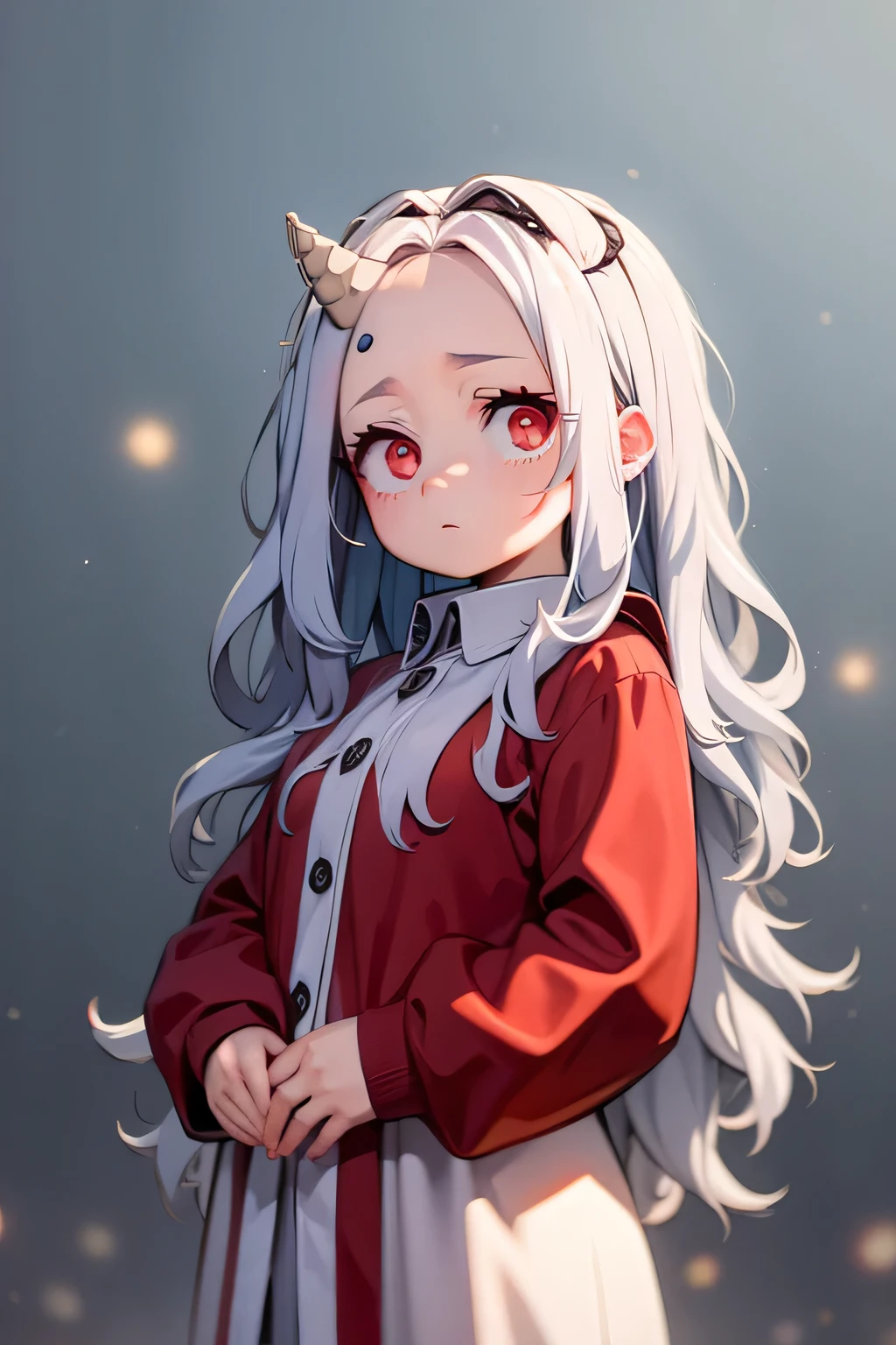 Eri is a  with a bluish tint.., snow-white hair, dirty and unkempt, which is split down the middle of her forehead, almost reaches her waist. She&#39;s very wide, Innocent eyes, which are bright red. From the right side of her forehead sticks out a small, Brown horn