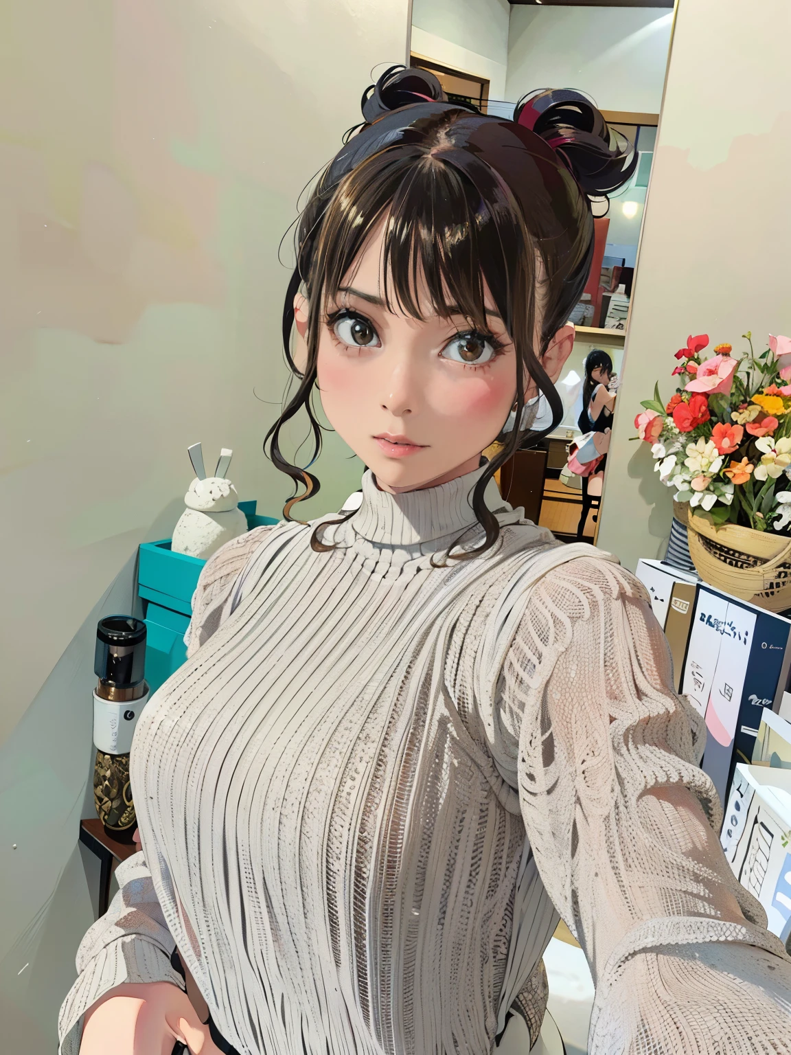 There is a woman standing in a room with a mirror, beautiful japanese girl face, Cute girl - well-groomed face, cute cute girl, 8K selfie photo, young woman selfie, Ulzzang, slim girl photo, cute young woman, shikamimi, neat hair with bangs, face of young cute asian man
