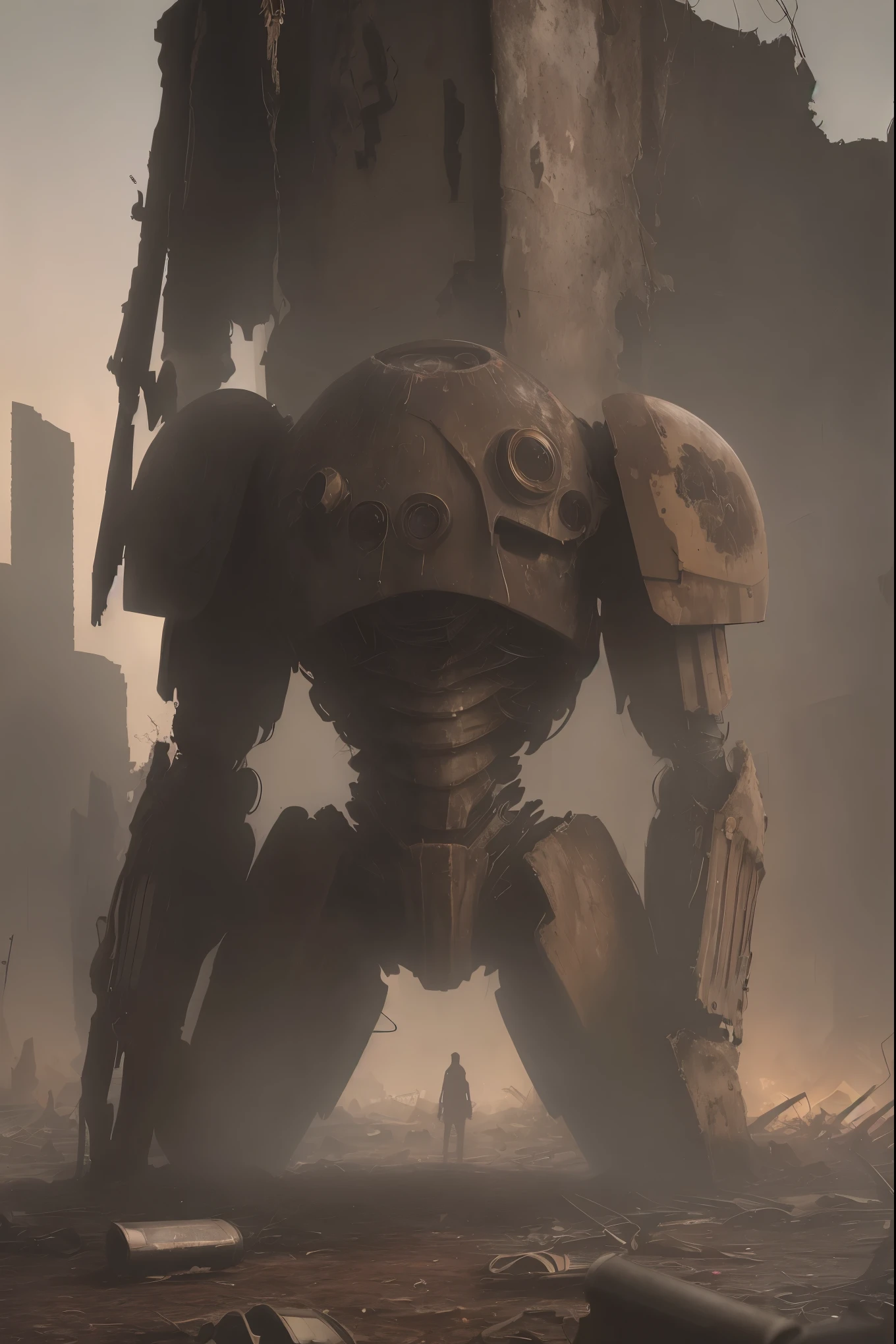  This photograph showcases a discarded mech, its old metal surface and rusty parts telling a story of neglect. Dim light filters through the gaps of the dilapidated mech, illuminating the scene. The mech's tires are flattened and deflated, leaving it stranded in a desolate background amidst the ruins of an abandoned factory. The scene is set in a post-apocalyptic world, filled with sci-fi elements that evoke a sense of doom and gloom.