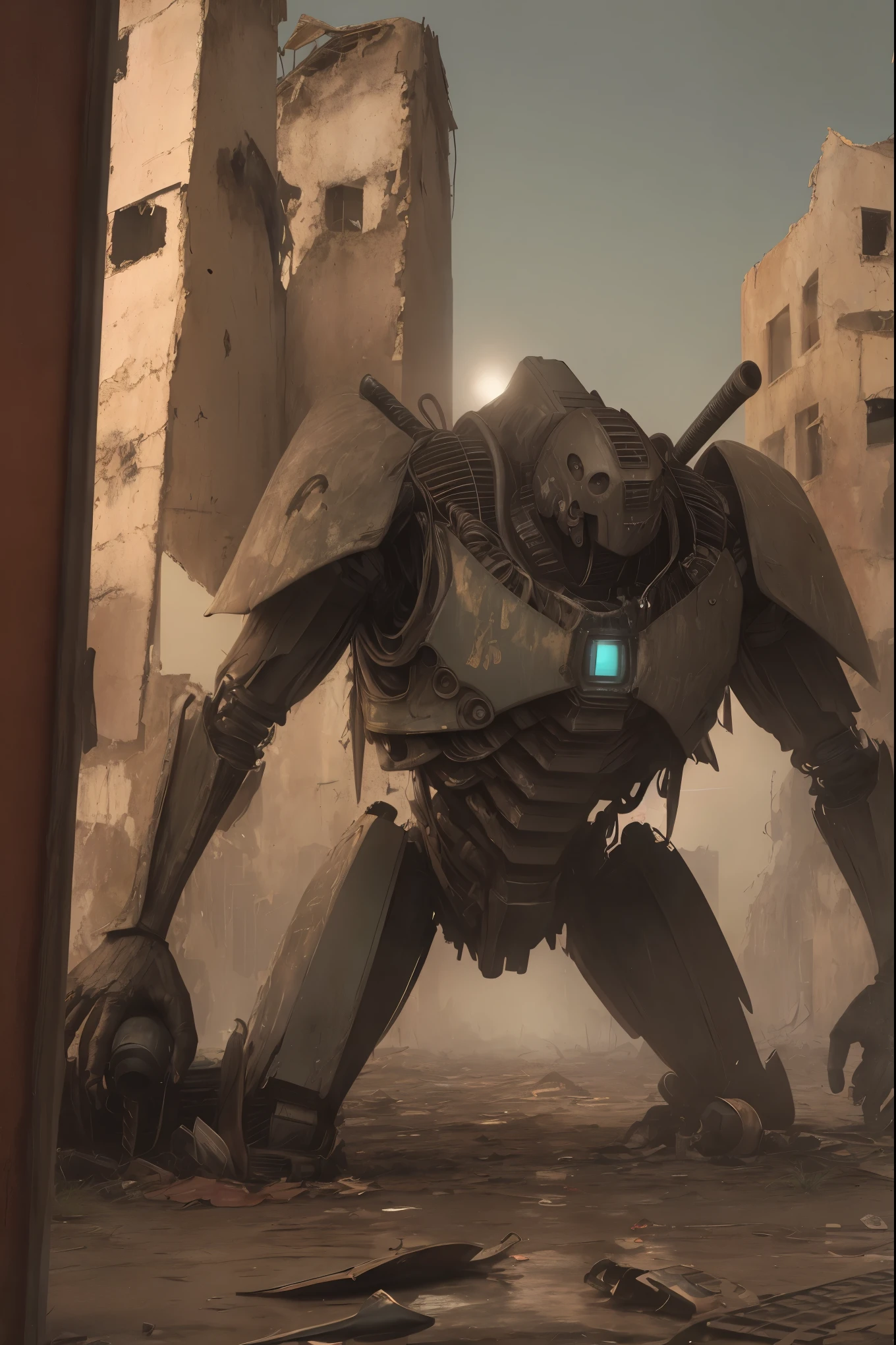  This photograph showcases a discarded mech, its old metal surface and rusty parts telling a story of neglect. Dim light filters through the gaps of the dilapidated mech, illuminating the scene. The mech's tires are flattened and deflated, leaving it stranded in a desolate background amidst the ruins of an abandoned factory. The scene is set in a post-apocalyptic world, filled with sci-fi elements that evoke a sense of doom and gloom.